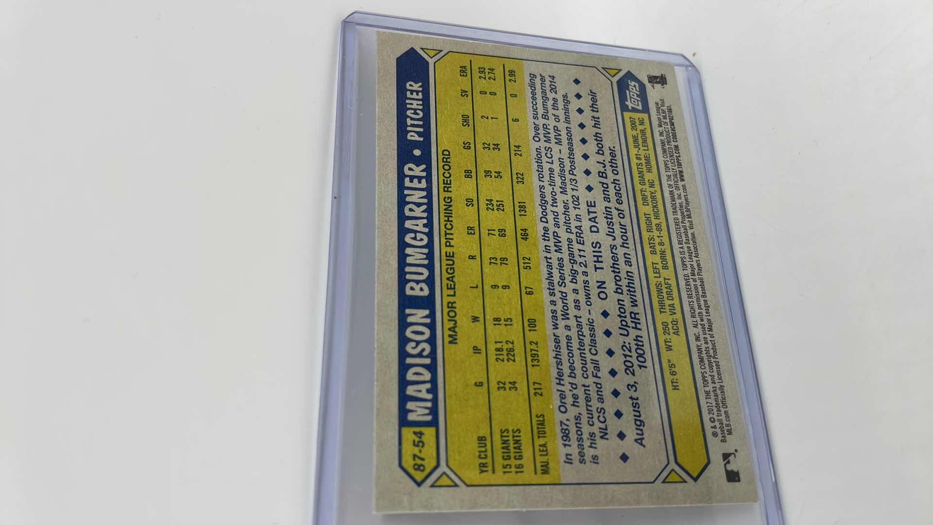 Photo 1 of 2017 MADISON BUMGARNER TOPPS CARD 87-54