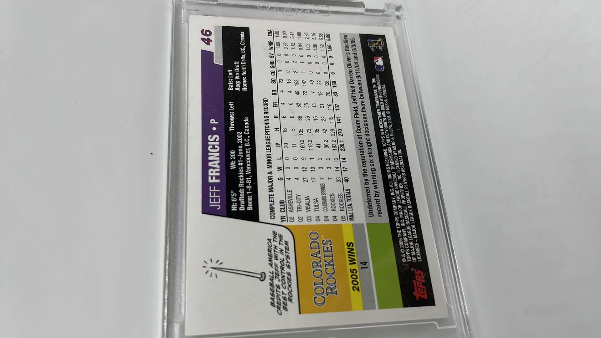 Photo 1 of 2006 JEFF FRANCIS TOPPS AUTOGRAPHED CARD 46