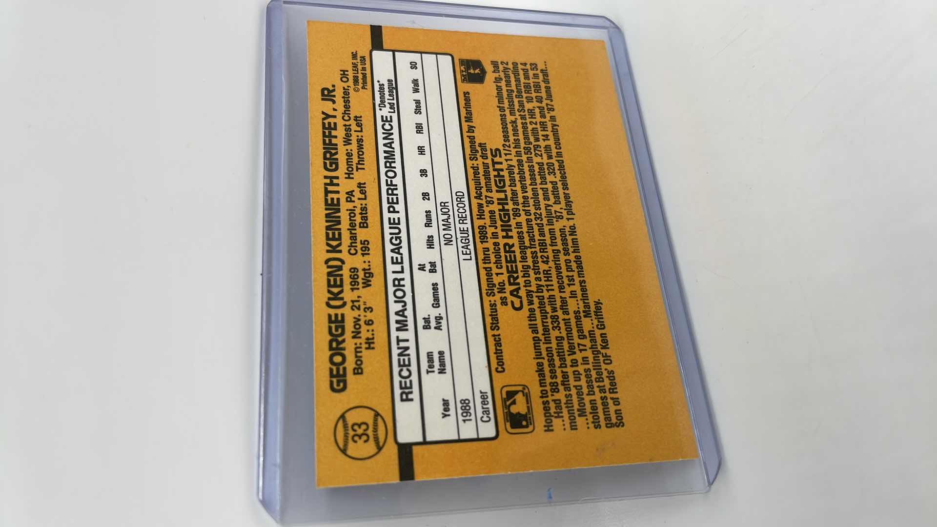 Photo 1 of 1989 KEN GRIFFEY JR. DONRUSS RATED CARD 33