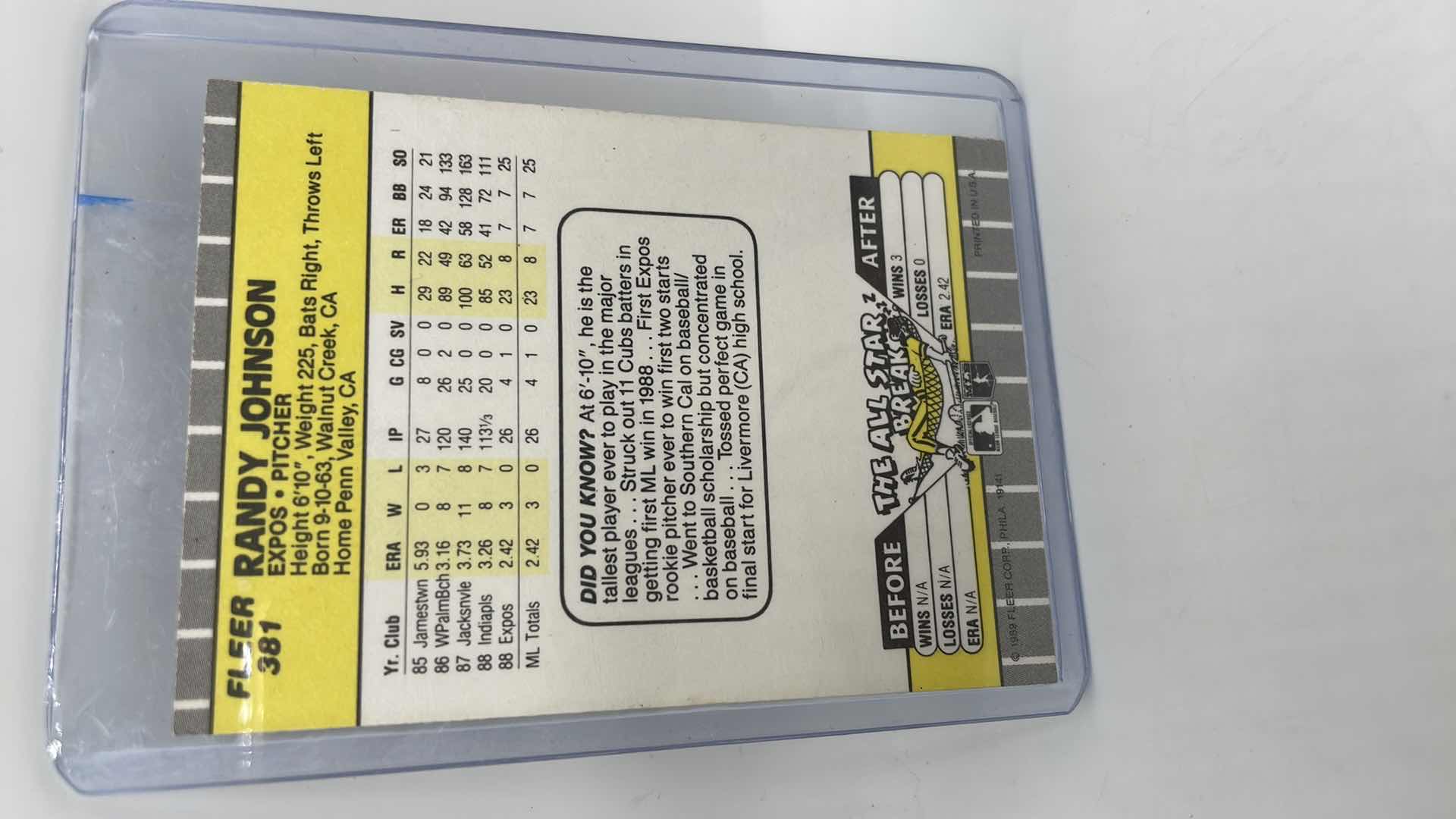 Photo 2 of 1989 RANDY JOHNSON FLEER ROOKIE CARD 381