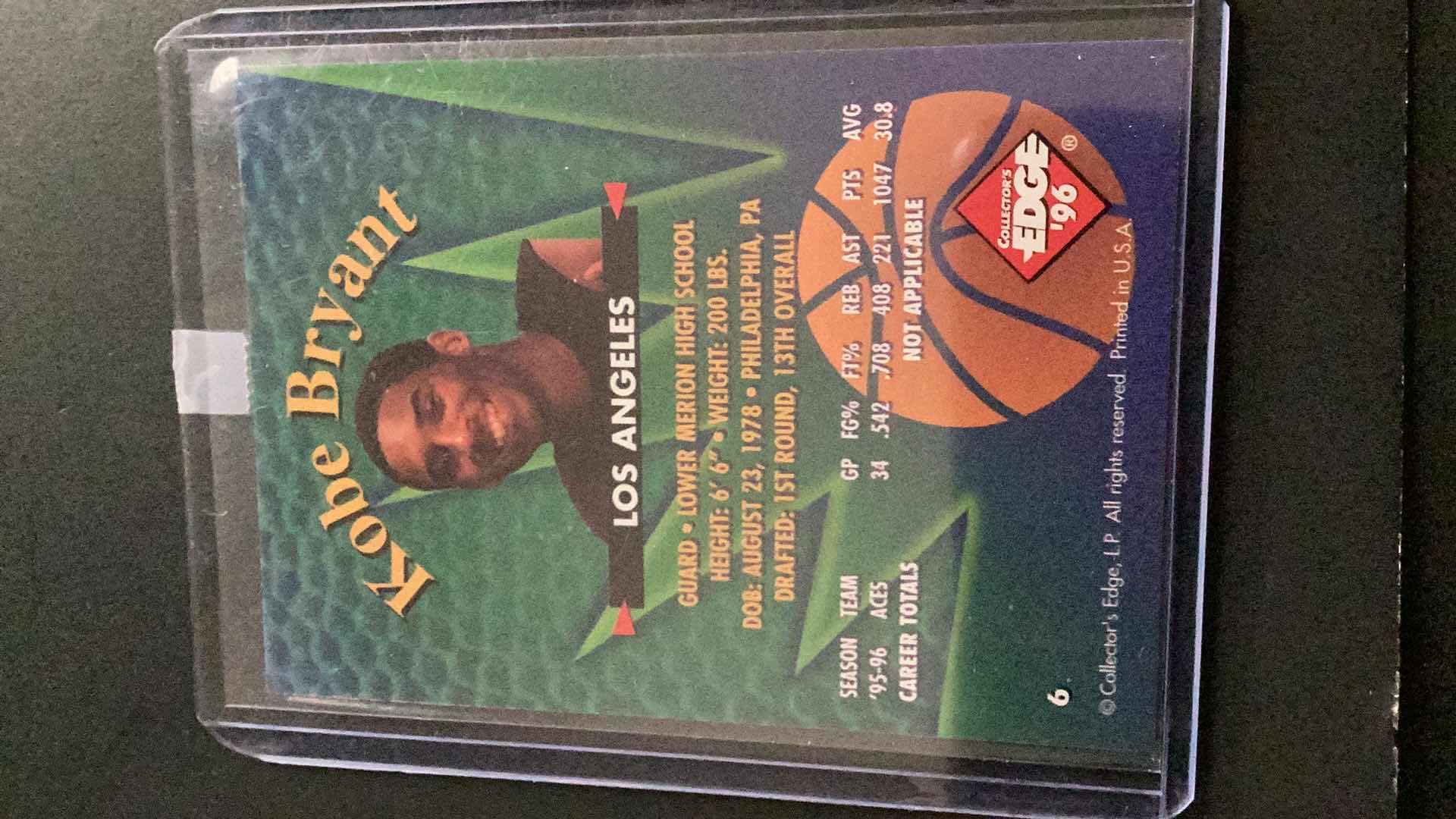 Photo 1 of 1996 COLLECTORS EDGE KOBE BRYANT ROOKIE CARD #6