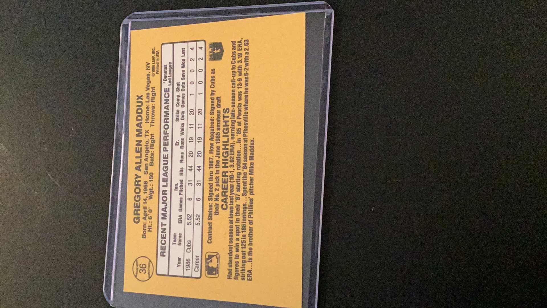 Photo 1 of 1987 DONRUSS RATEED ROOKIE GREG MADDUX # 36