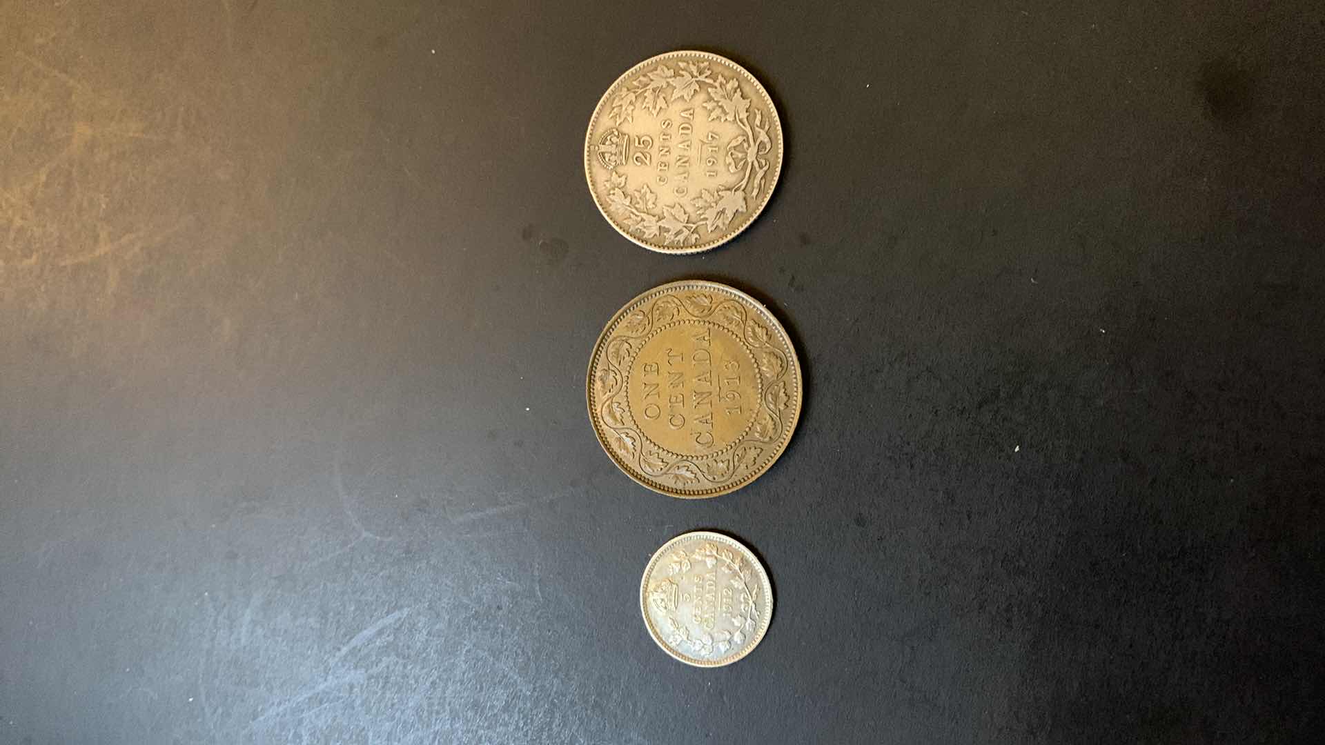 Photo 1 of 1912 CANADA 5 CENTS & 1913 CANADA PENNY & 1917 CANADA 25 CENTS