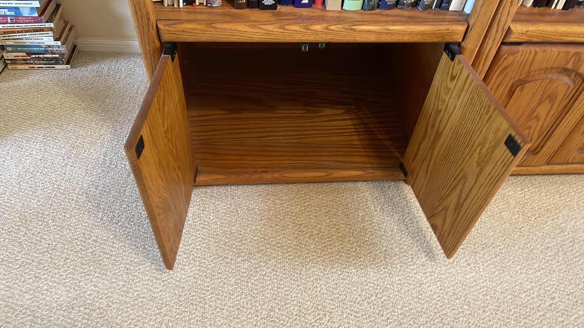 View 3 of WOOD 5 TIER BOOK CASE W GLASS CABINET 24” X 21” H79” (CONTENT SOLD SEPARATELY)