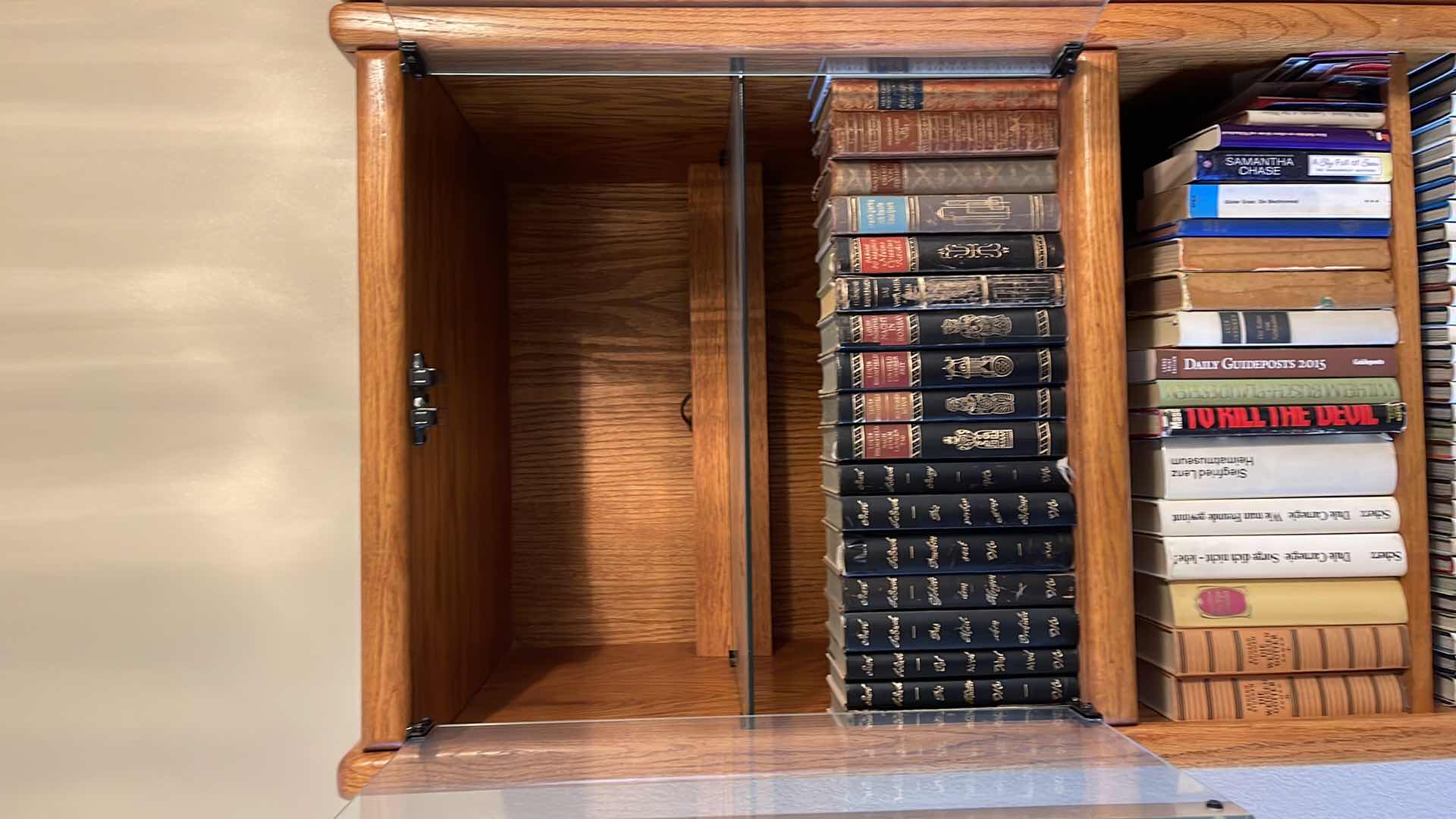 View 4 of WOOD 5 TIER BOOK CASE W GLASS CABINET 24” X 21” H79” (CONTENT SOLD SEPARATELY)