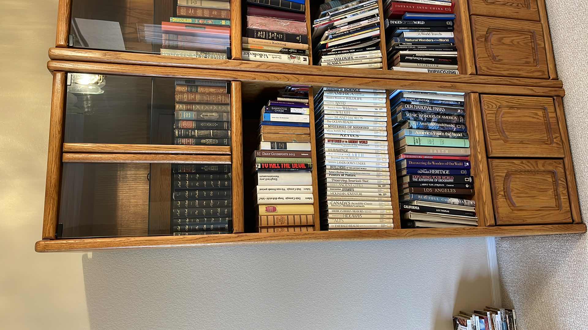 View 2 of WOOD 5 TIER BOOK CASE W GLASS CABINET 24” X 21” H79” (CONTENT SOLD SEPARATELY)
