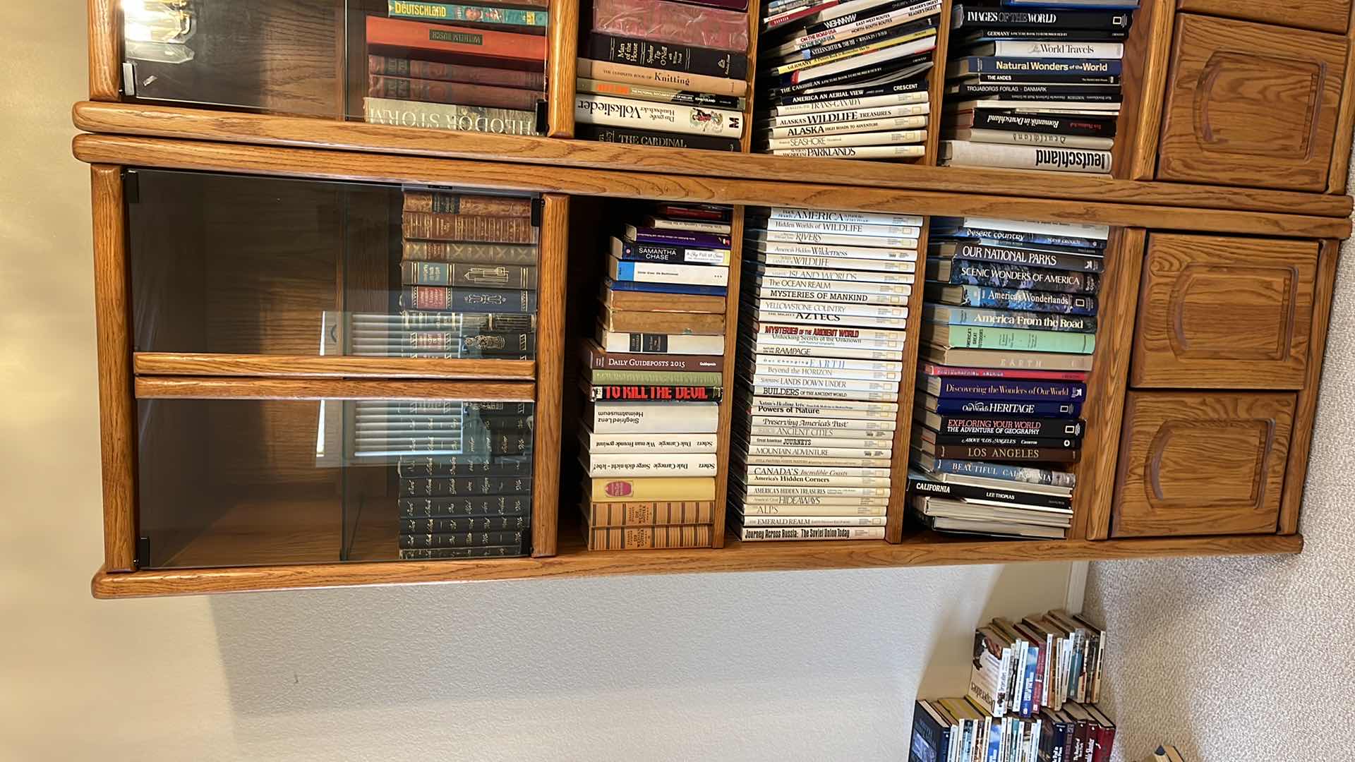 View 1 of WOOD 5 TIER BOOK CASE W GLASS CABINET 24” X 21” H79” (CONTENT SOLD SEPARATELY)