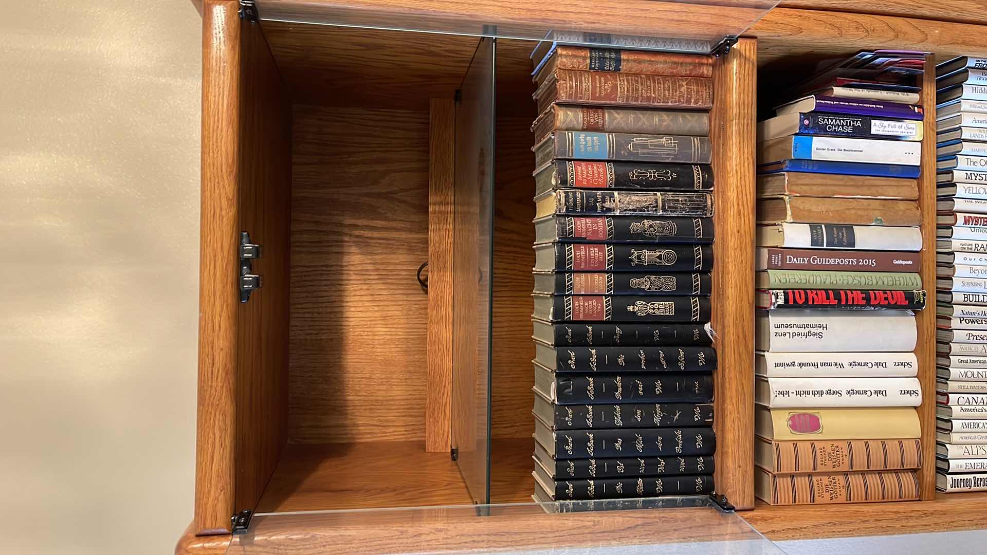 View 2 of WOOD 5 TIER BOOK CASE W GLASS CABINET 24” X 21” H79” (CONTENT SOLD SEPARATELY)