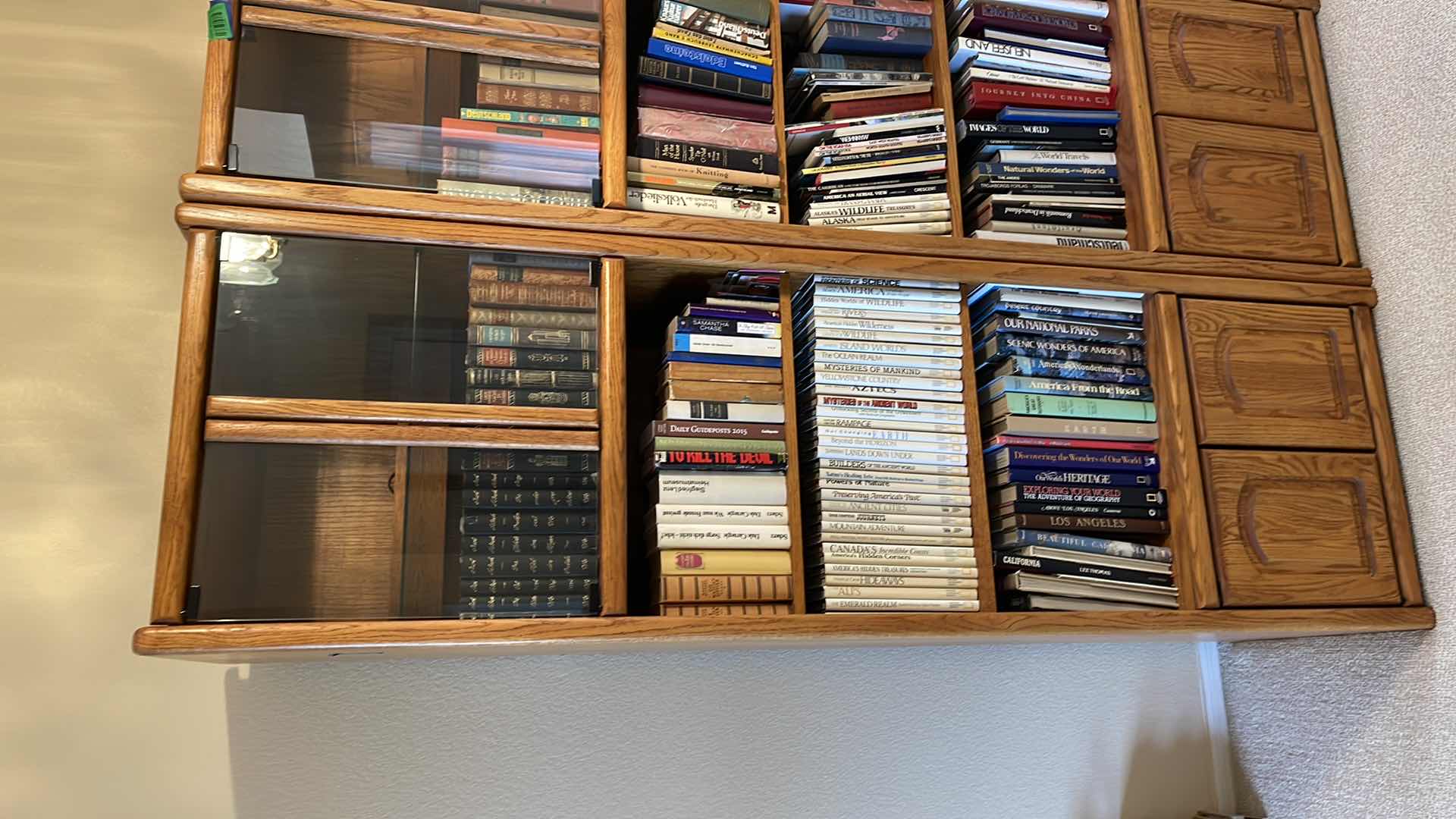 View 1 of WOOD 5 TIER BOOK CASE W GLASS CABINET 24” X 21” H79” (CONTENT SOLD SEPARATELY)