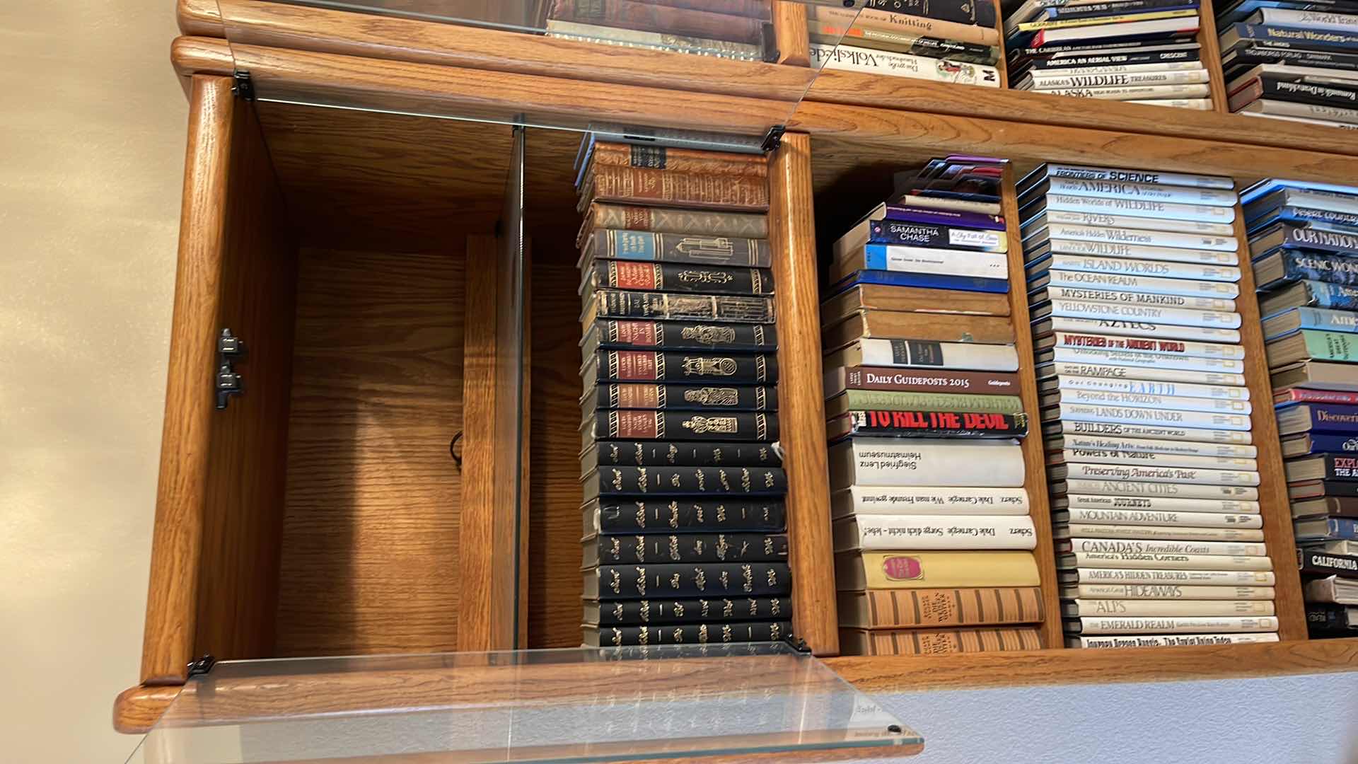 View 3 of WOOD 5 TIER BOOK CASE W GLASS CABINET 24” X 21” H79” (CONTENT SOLD SEPARATELY)