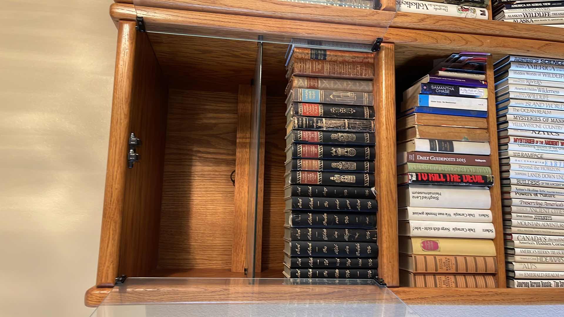 View 3 of WOOD 5 TIER BOOK CASE W GLASS CABINET 24” X 21” H79” (CONTENT SOLD SEPARATELY)