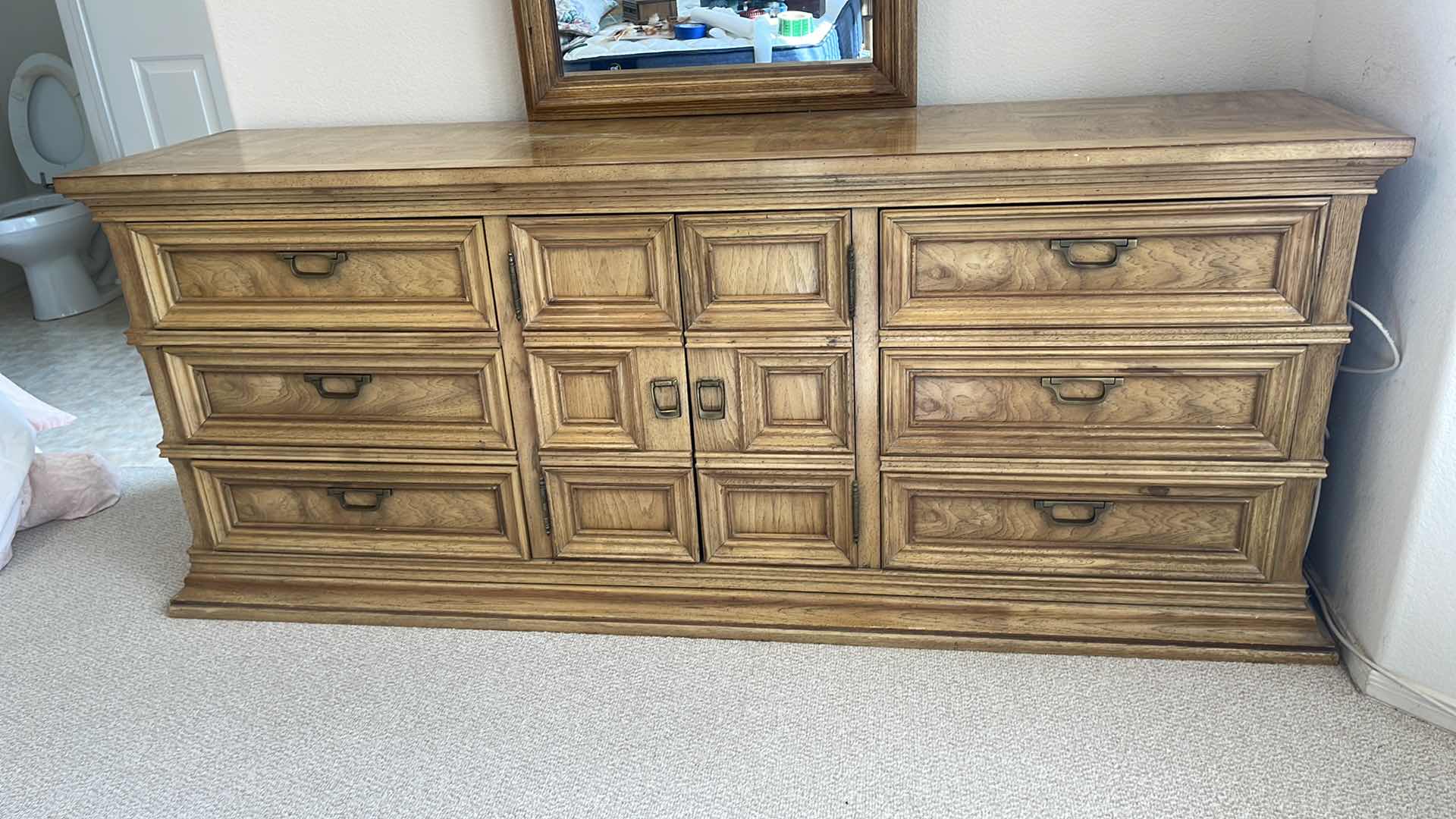 Photo 1 of HIBRITTEN WOOD 9 DRAWER DRESSER W MIRROR 76” X 20” H31” (MATCHING BEDROOM FURNITURE SOLD SEPARATELY)