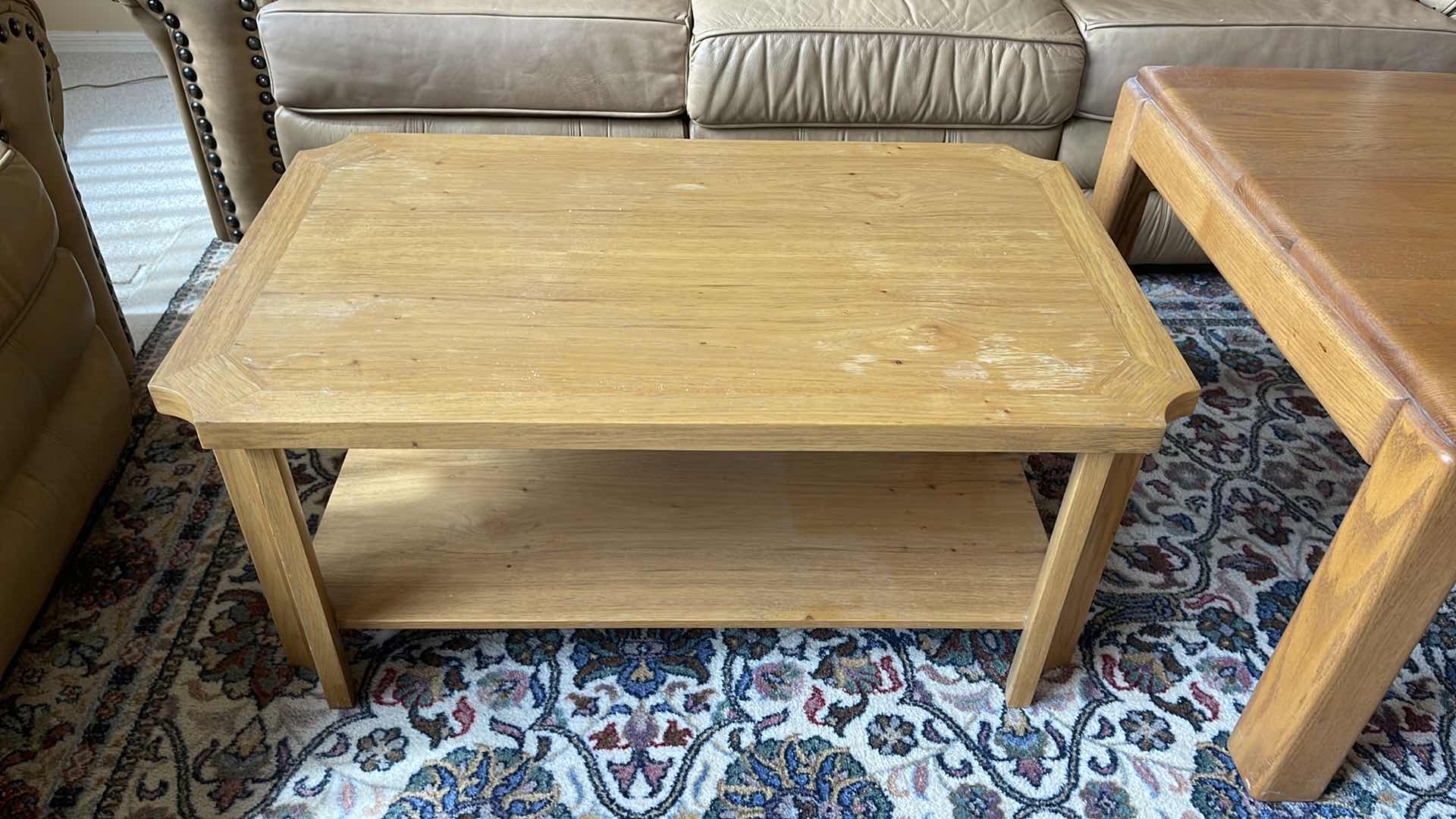 Photo 1 of 2 WOOD BASE END TABLES 29” X 29” H19” & 
36” X 18” H13”