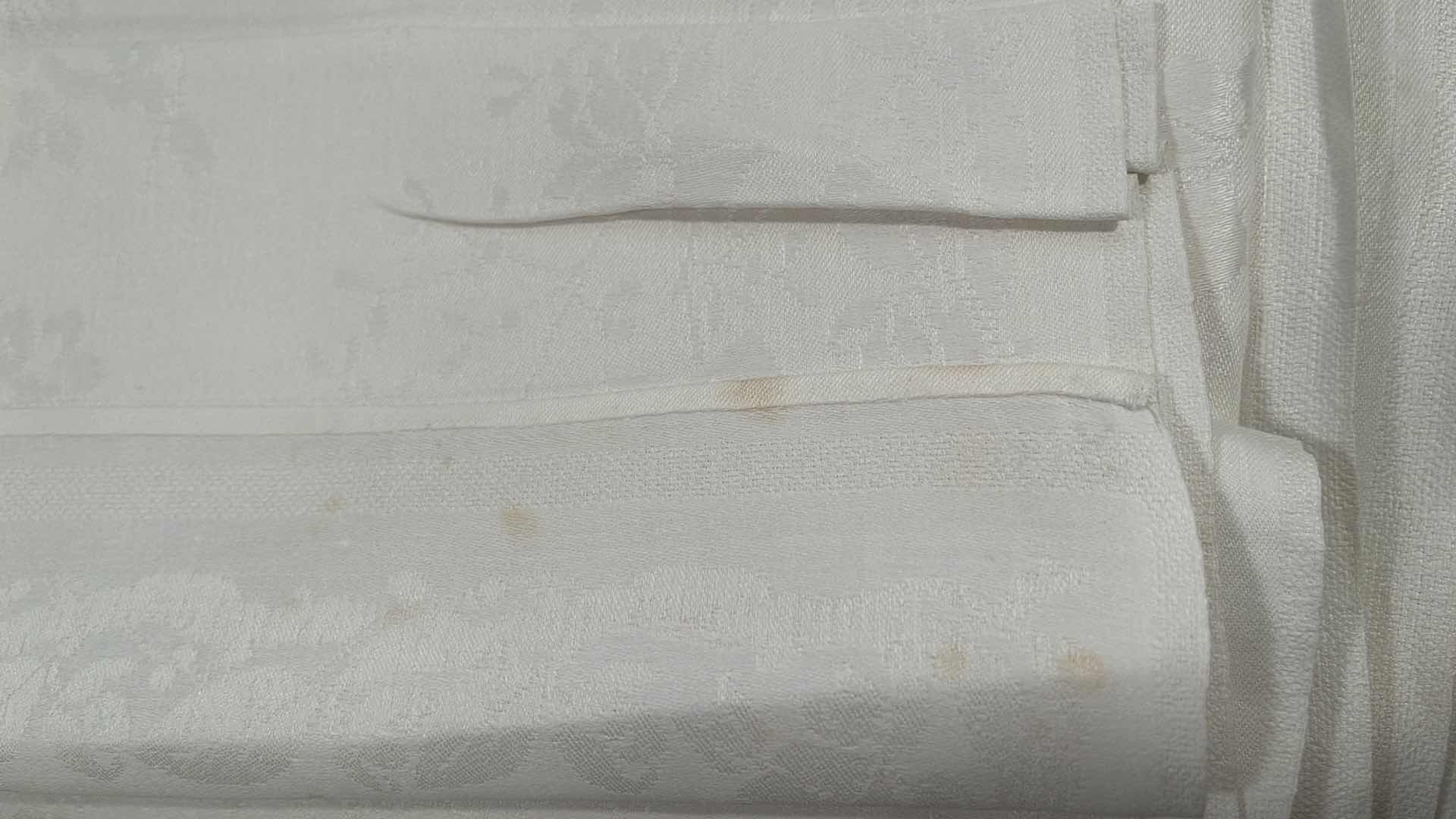 Photo 1 of IRISH LINEN HAND HEMED 12 NAPKINS TABLE CLOTH 88”x 88” 
SOME SMALL STAINS UNSURE OF REMOVAL