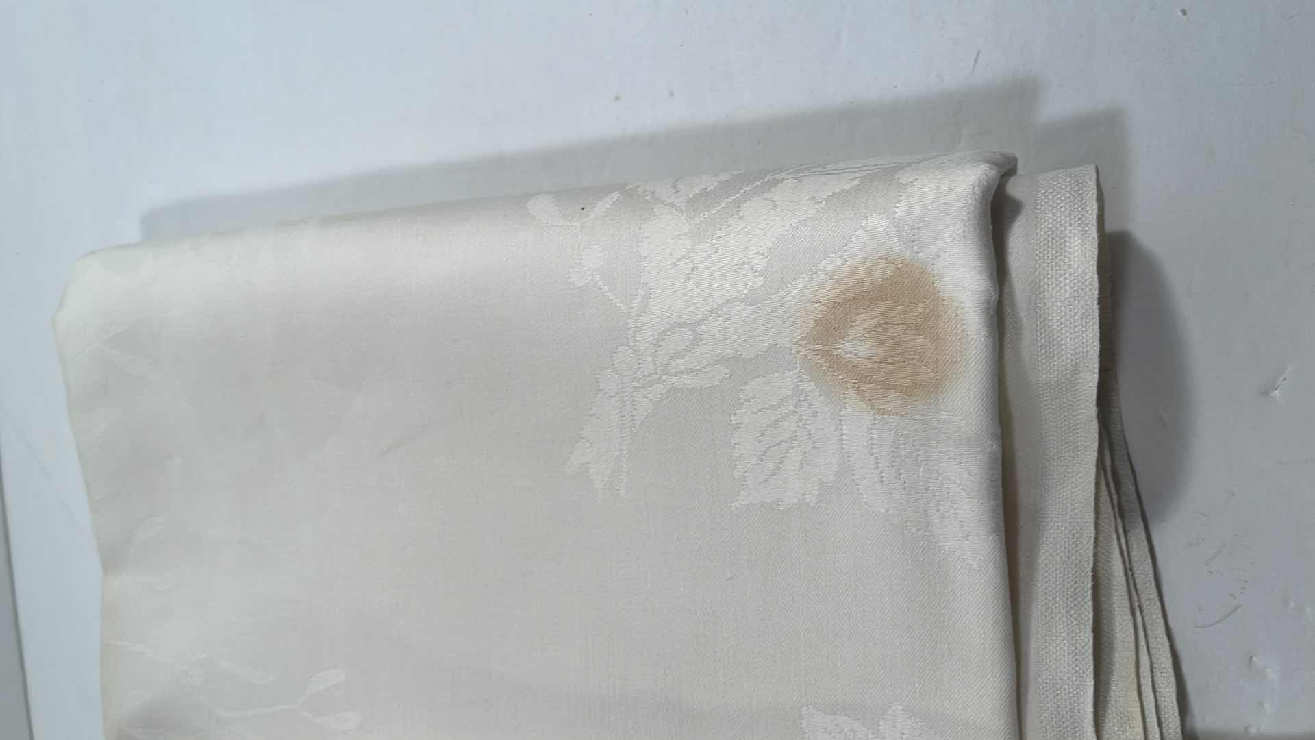 Photo 1 of IRISH LINEN HAND HEMED 12 NAPKINS TABLE CLOTH 88”x 88” 
SOME SMALL STAINS UNSURE OF REMOVAL