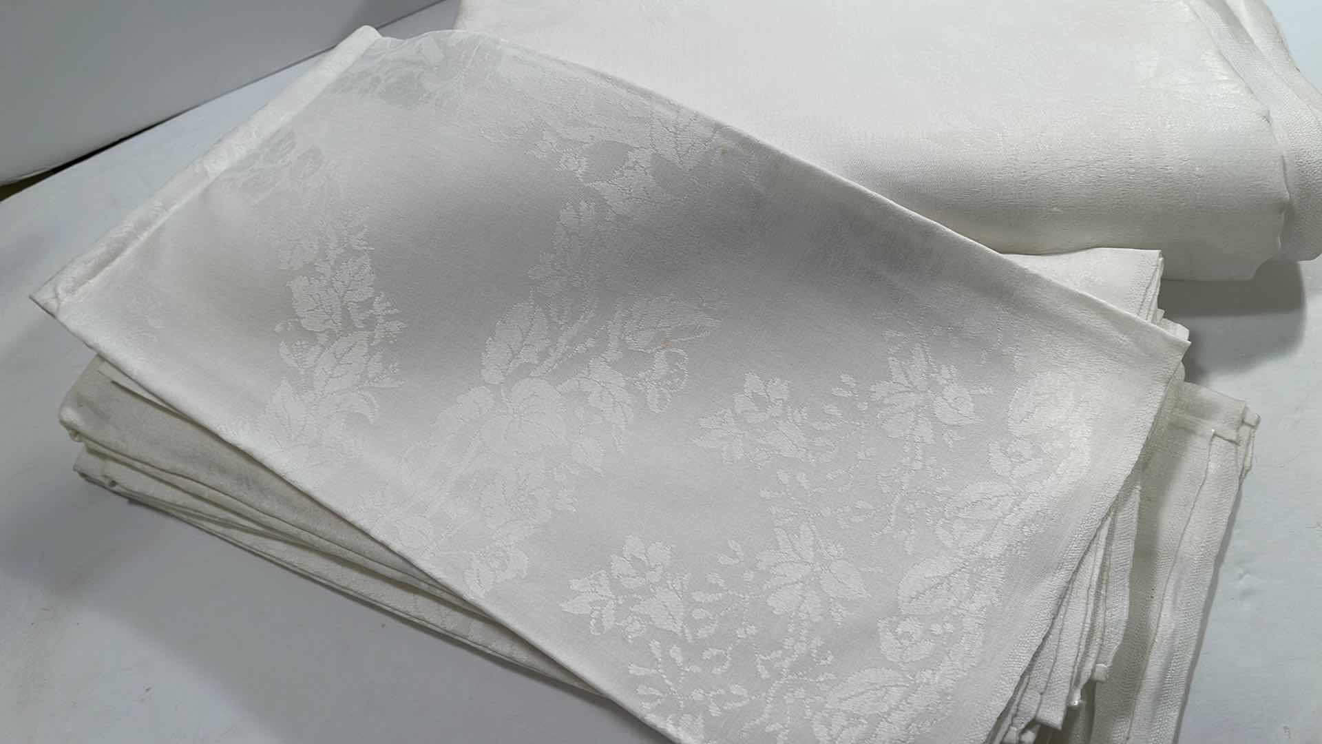 Photo 1 of IRISH LINEN HAND HEMED 12 NAPKINS TABLE CLOTH 88”x 88” 
SOME SMALL STAINS UNSURE OF REMOVAL