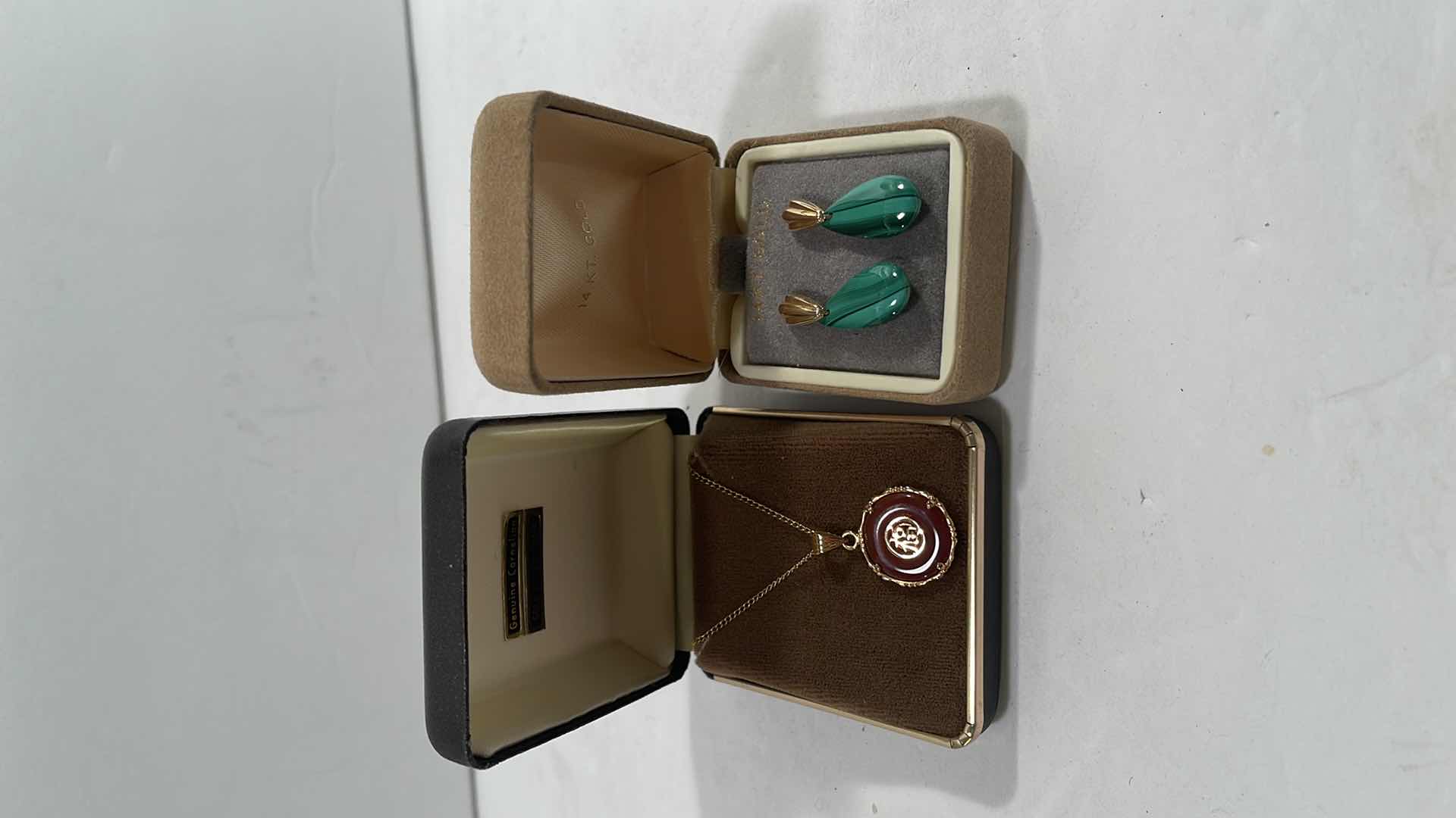 Photo 1 of 14K GOLD EARRINGS WITH GREEN STONE AND GOLD FILLED ASIAN NECKLACE