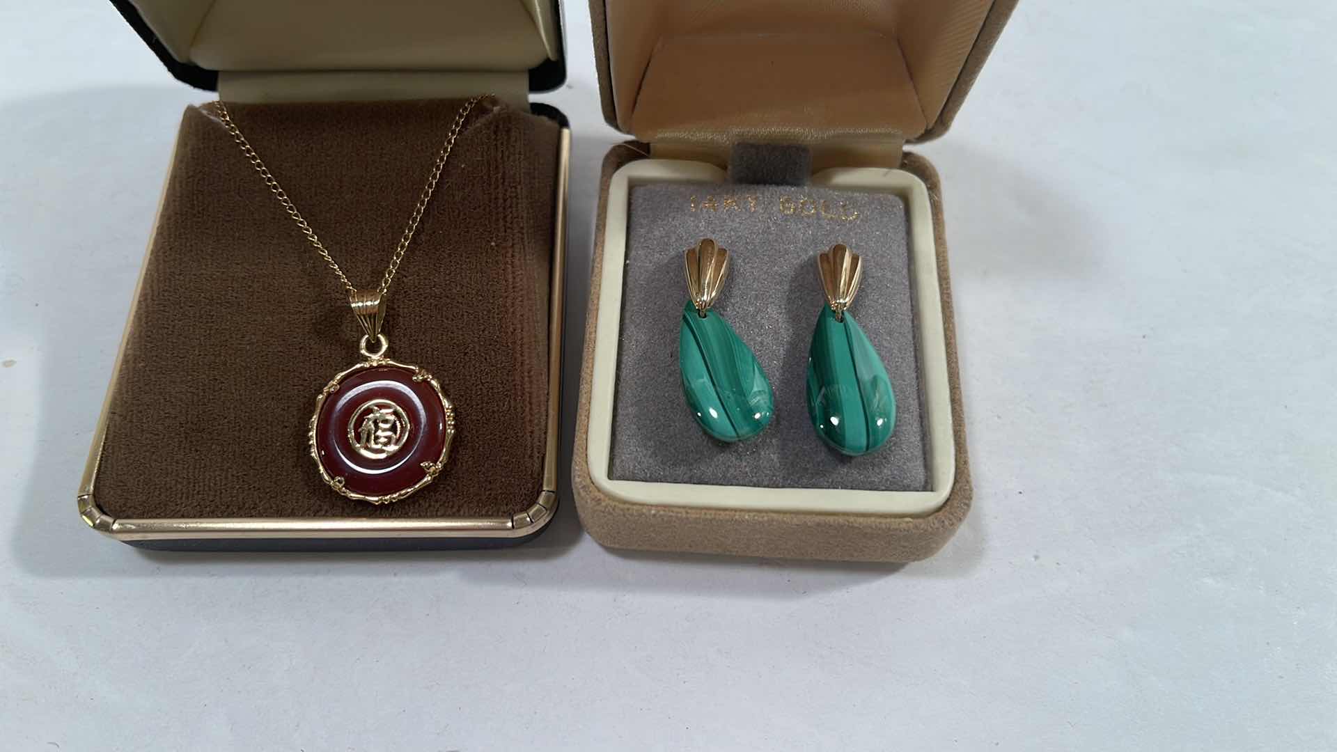 Photo 1 of 14K GOLD EARRINGS WITH GREEN STONE AND GOLD FILLED ASIAN NECKLACE