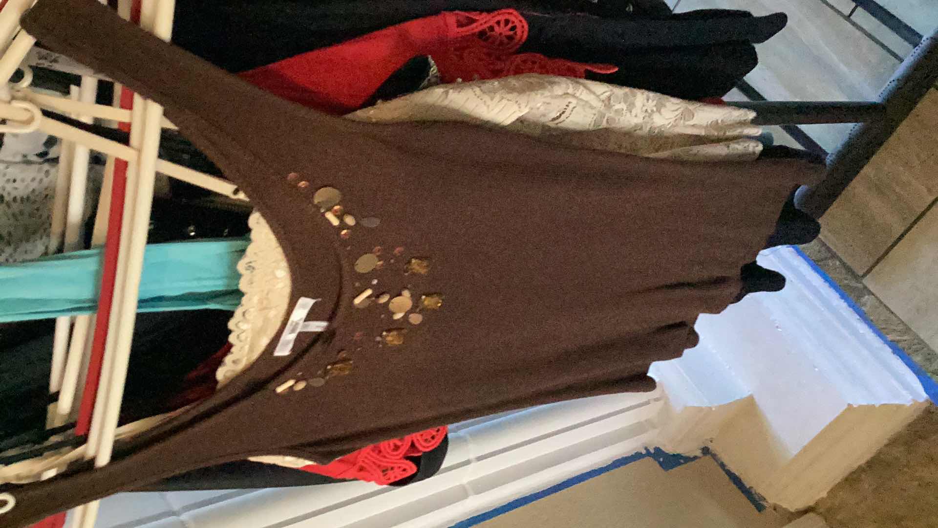 Photo 1 of SUPER CHIC STUDDED & LINED HIPSTER JACKET SIZE L & ASSORTED LADIES FASHION TOPS — 10 ITEMS IN TOTAL