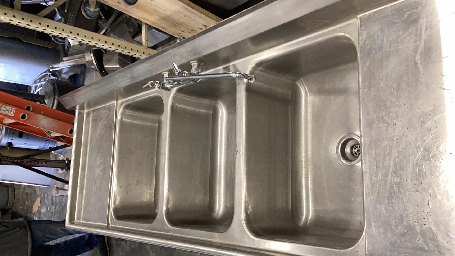 Photo 1 of STAINLESS STEEL LARGE THREE SINK WASHING STATION 96" X 32" H 42” 