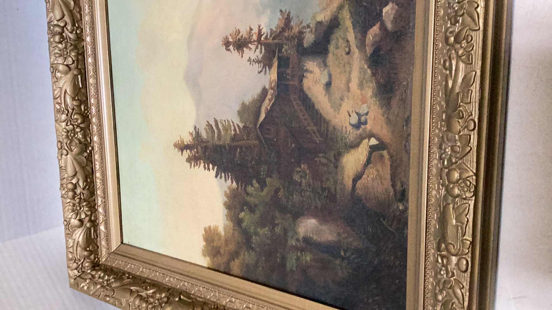 Photo 1 of LAKESIDE CABIN IN EARTHTONES BY ALICE MARION SUTTON (1907) OIL ON CANVAS, 15” X 20”, CIRCA MID 20TH CENTURY,$300-$500. VALUE