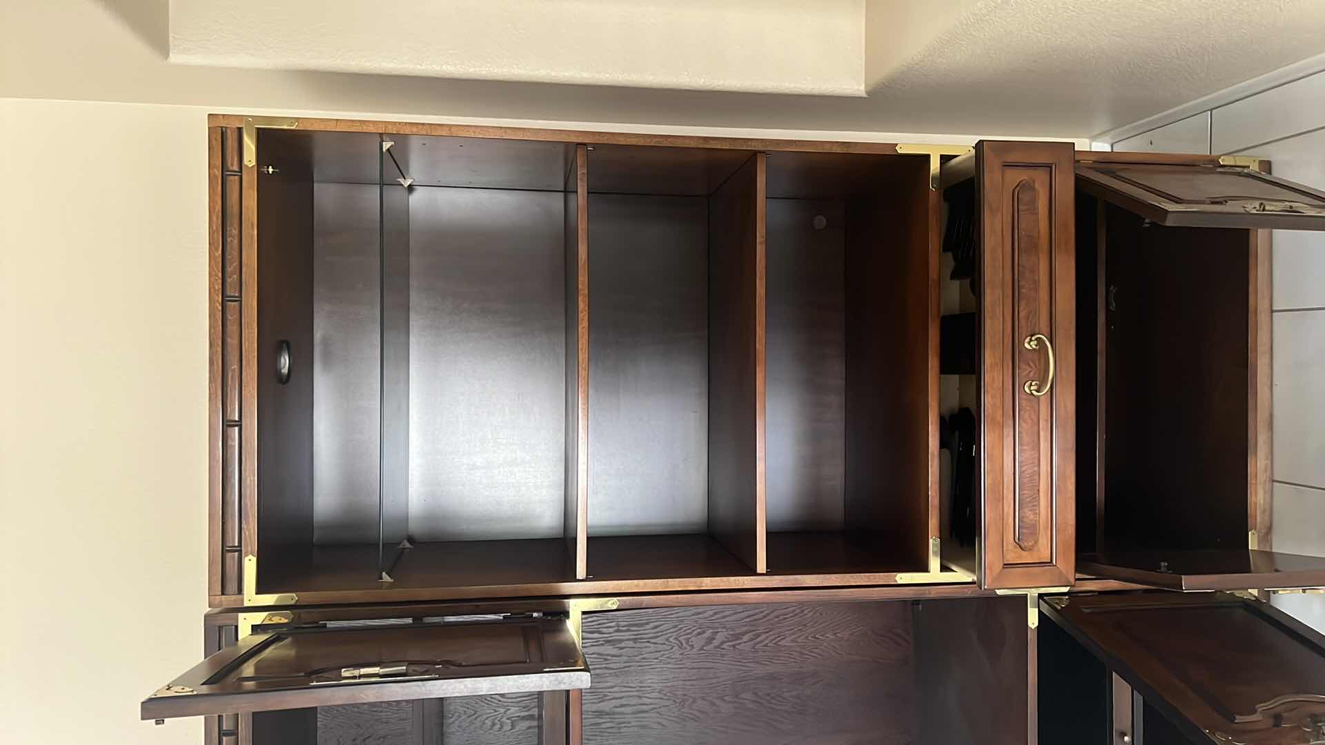 Photo 1 of VINTAGE “BERNHARDT” MAHOGANY ENTERTAINMENT CENTER BOOKCASE W GOLD HARDWARE (2PCS) 74” x 18” H80”