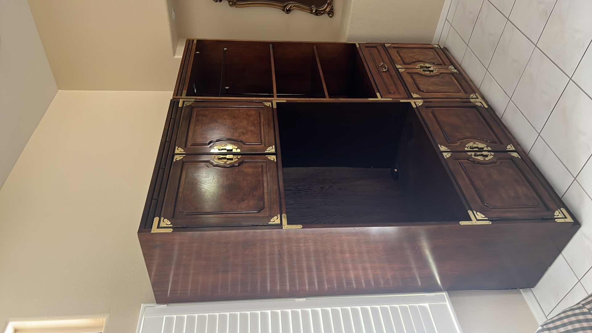 Photo 1 of VINTAGE “BERNHARDT” MAHOGANY ENTERTAINMENT CENTER BOOKCASE W GOLD HARDWARE (2PCS) 74” x 18” H80”