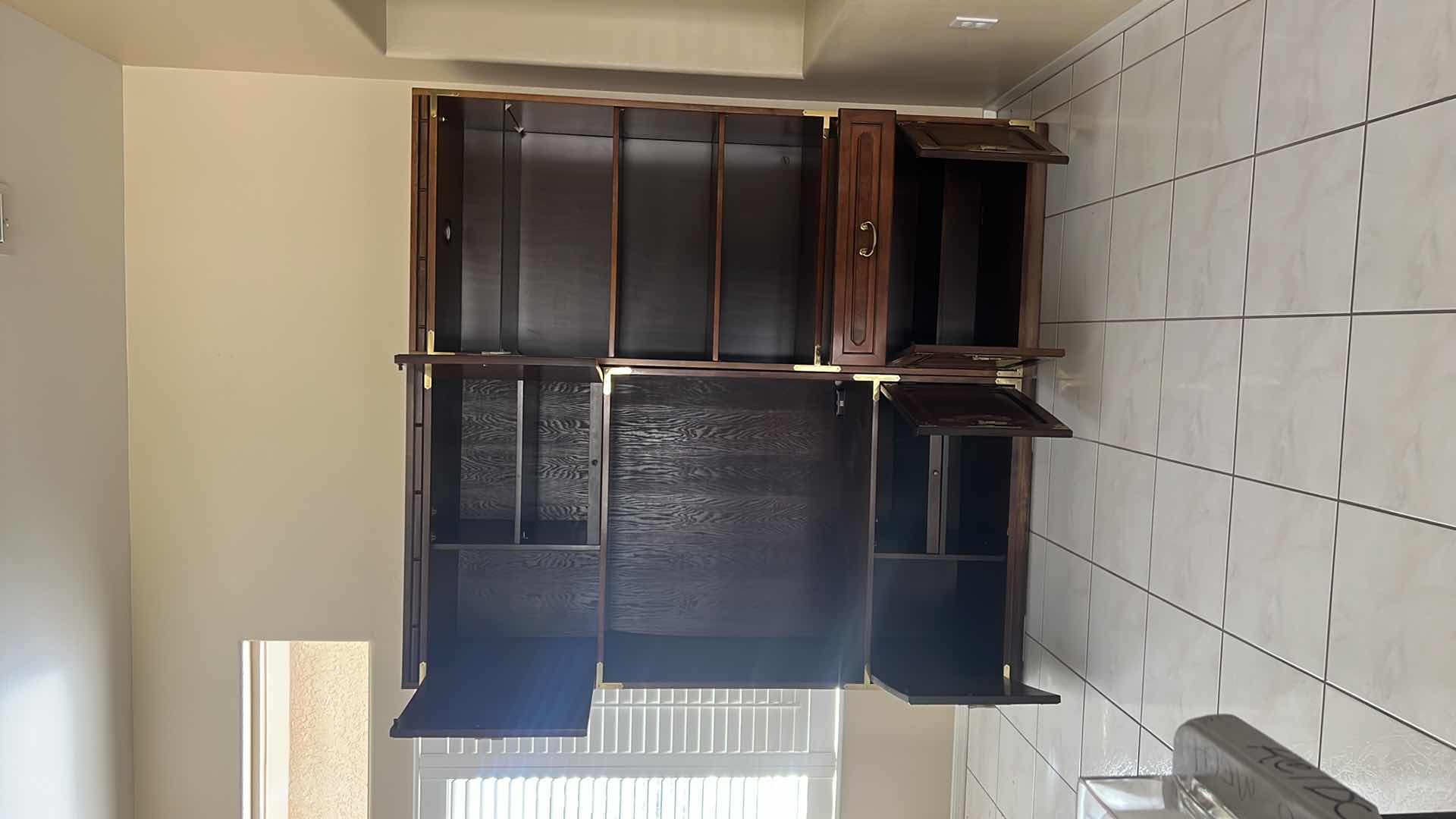 Photo 1 of VINTAGE “BERNHARDT” MAHOGANY ENTERTAINMENT CENTER BOOKCASE W GOLD HARDWARE (2PCS) 74” x 18” H80”