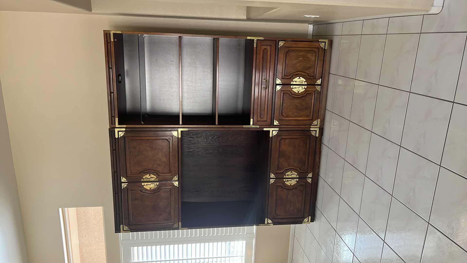 Photo 1 of VINTAGE “BERNHARDT” MAHOGANY ENTERTAINMENT CENTER BOOKCASE W GOLD HARDWARE (2PCS) 74” x 18” H80”