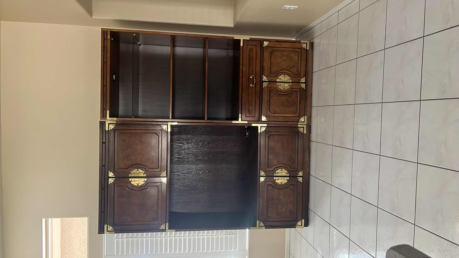 Photo 1 of VINTAGE “BERNHARDT” MAHOGANY ENTERTAINMENT CENTER BOOKCASE W GOLD HARDWARE (2PCS) 74” x 18” H80”