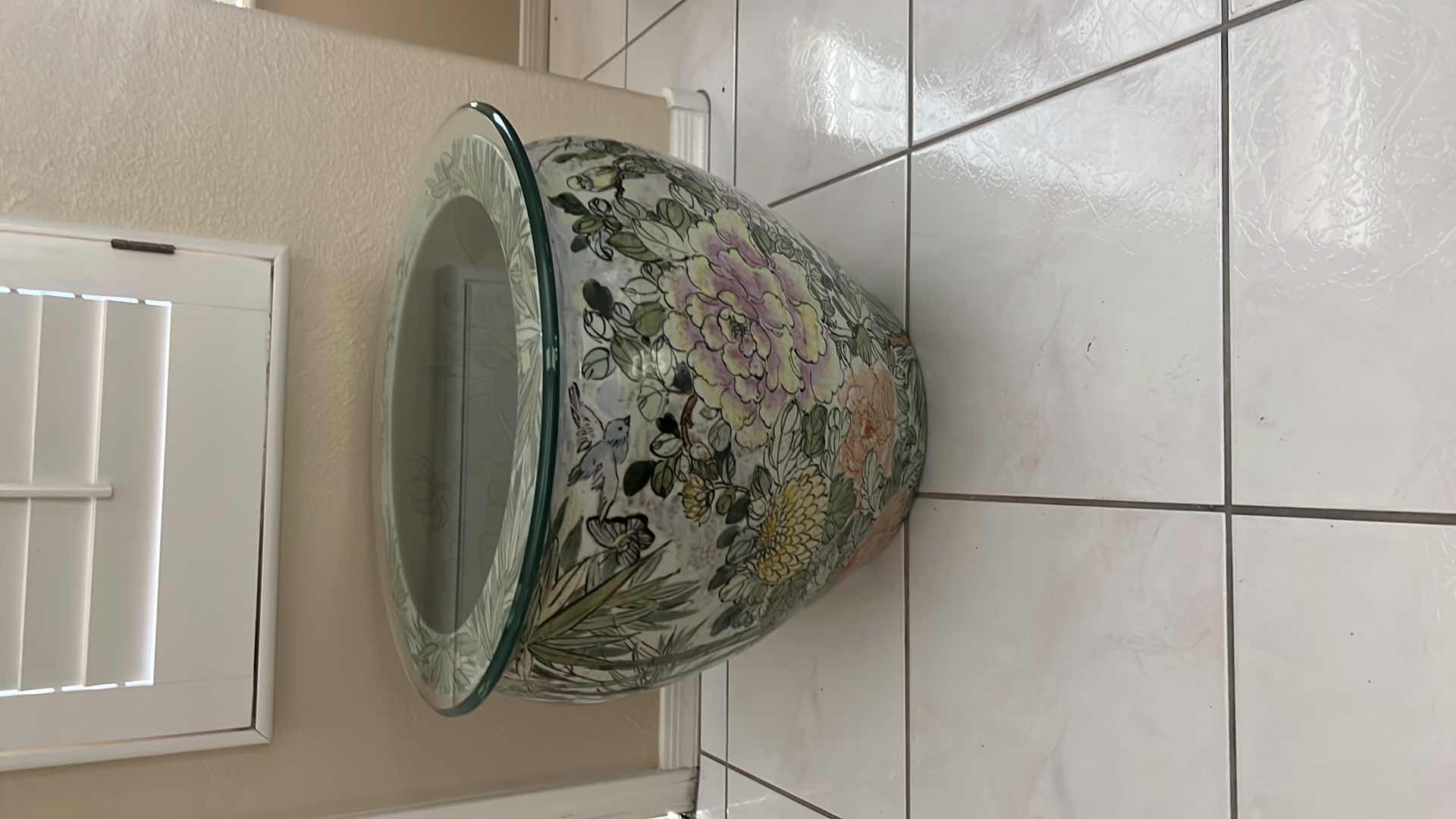 Photo 1 of 20” ROUND GLASSTOP W. PORCELAIN CHINESE FISH BOWL JARDINIERE BASE   H17”