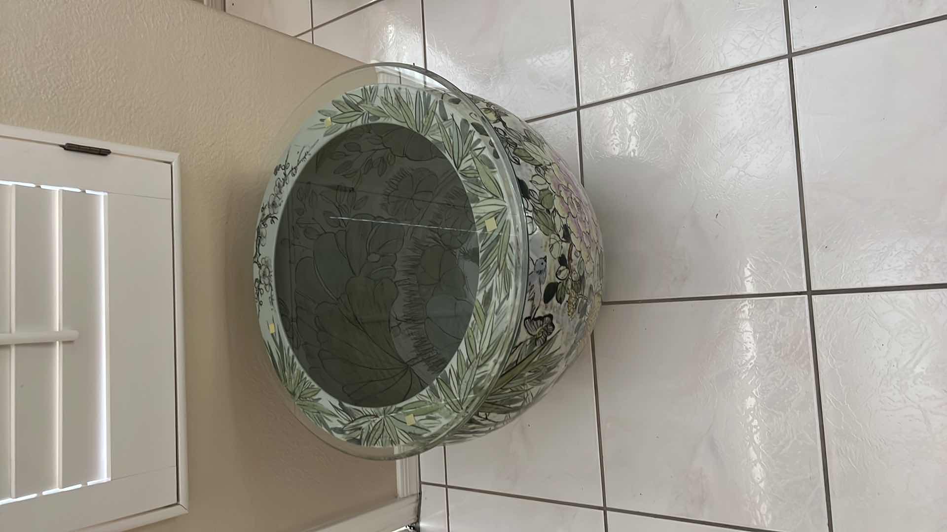 Photo 1 of 20” ROUND GLASSTOP W. PORCELAIN CHINESE FISH BOWL JARDINIERE BASE   H17”