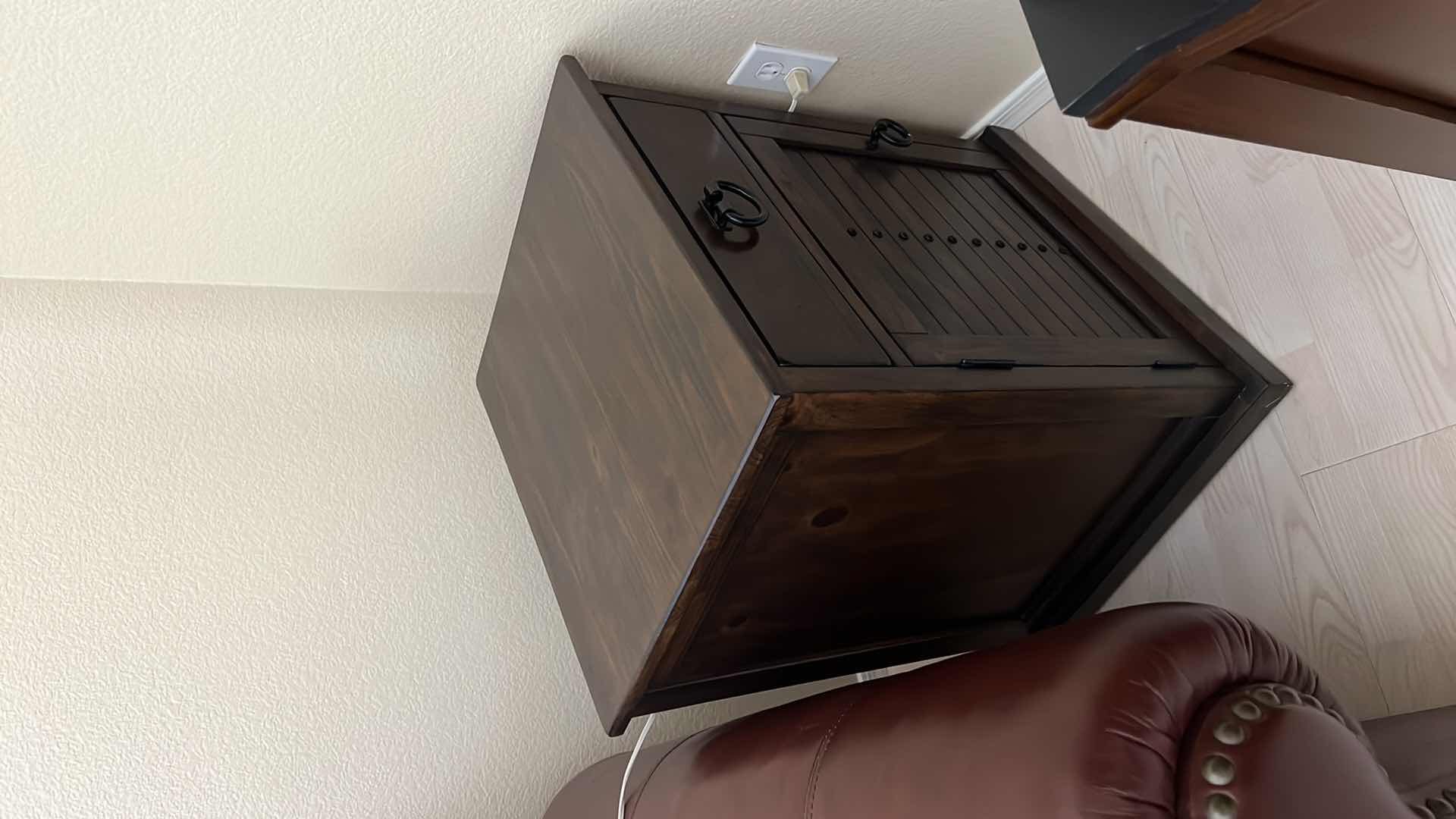 Photo 1 of WALNUT SIDE TABLE W BLACK BRASS TRIM   21” x 18” H27”