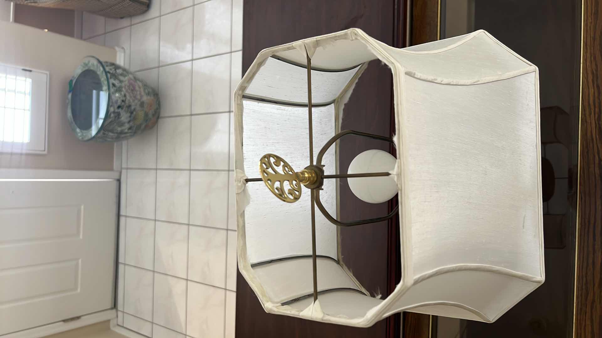 Photo 1 of CERAMIC TABLE LAMP ON BLACK WOOD BASE W SHADE H 31”