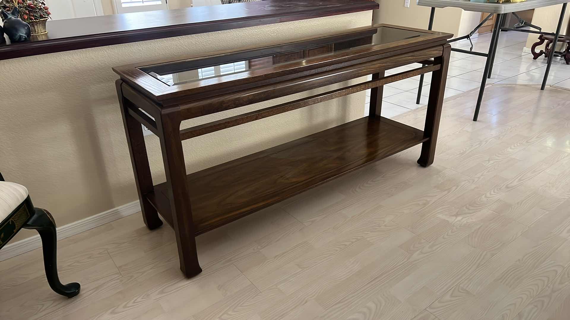 Photo 1 of WALNUT SOFA TABLE W GLASS INSET TOP   57” x 18” H27”