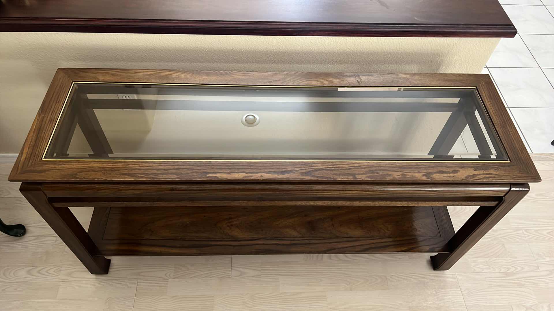 Photo 1 of WALNUT SOFA TABLE W GLASS INSET TOP   57” x 18” H27”