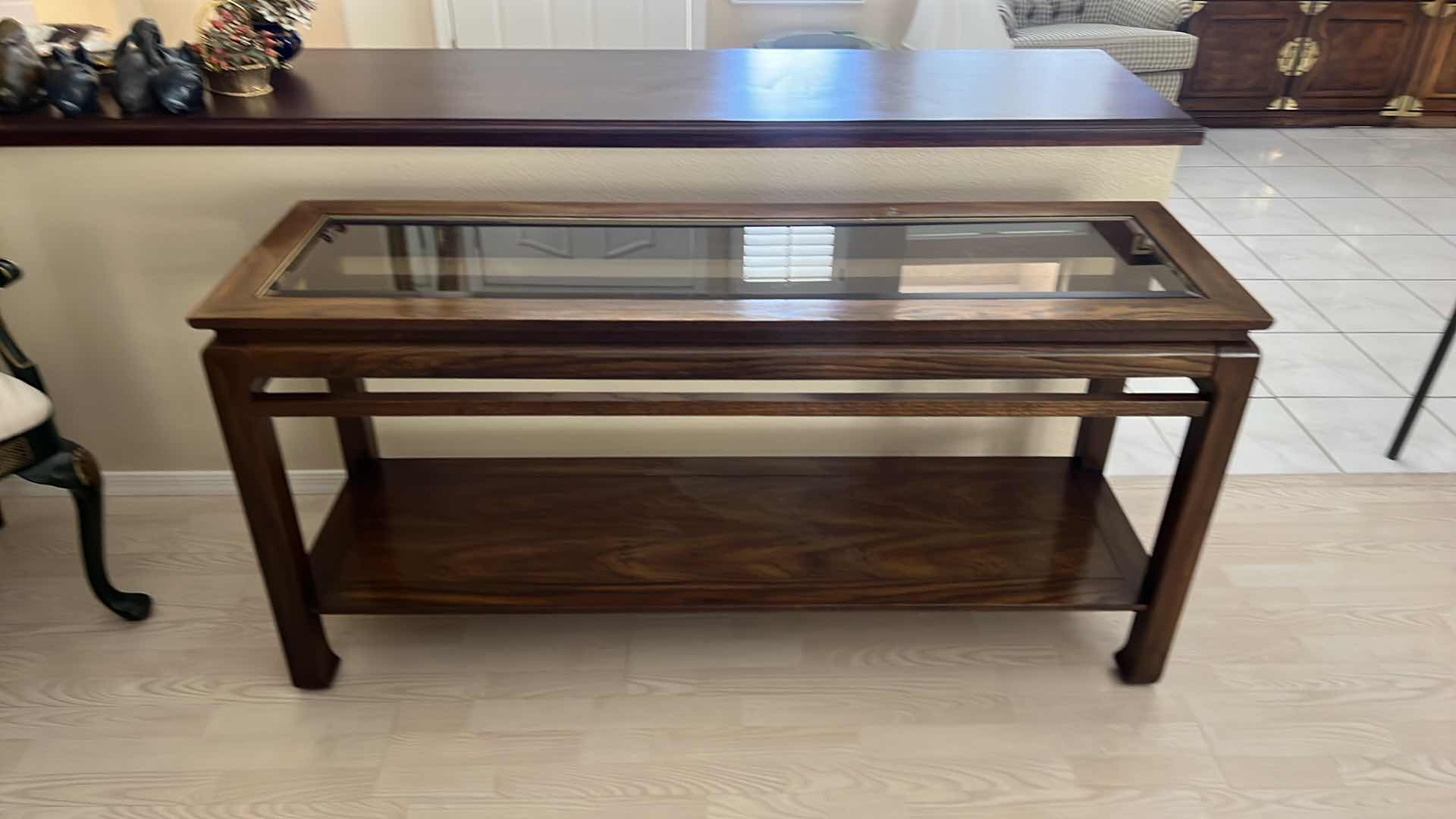 Photo 1 of WALNUT SOFA TABLE W GLASS INSET TOP   57” x 18” H27”