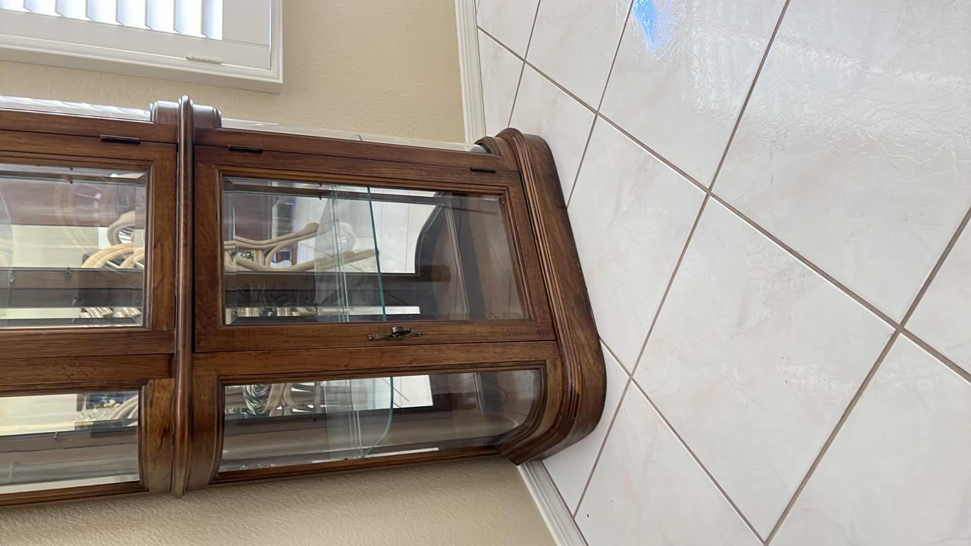 View 3 of VINTAGE MAHOGANY CURVED CURIO DISPLAY CABINET CABINET 26” x 12” H76”