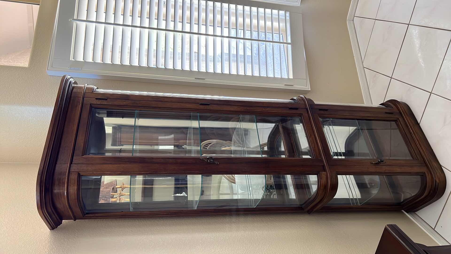 View 2 of VINTAGE MAHOGANY CURVED CURIO DISPLAY CABINET CABINET 26” x 12” H76”
