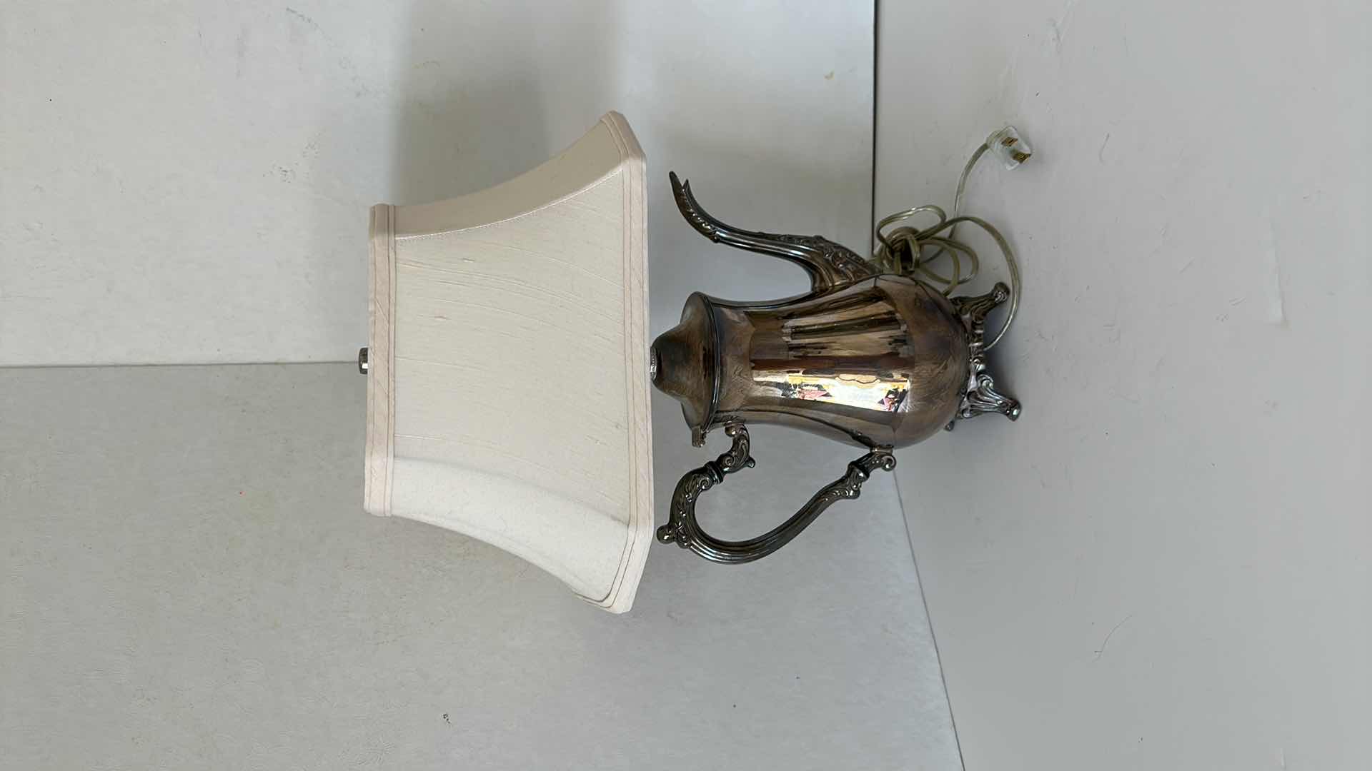 Photo 3 of 2- VINTAGE SILVER TEAPOT BASE TABLE LAMPS W SHADES H27"
