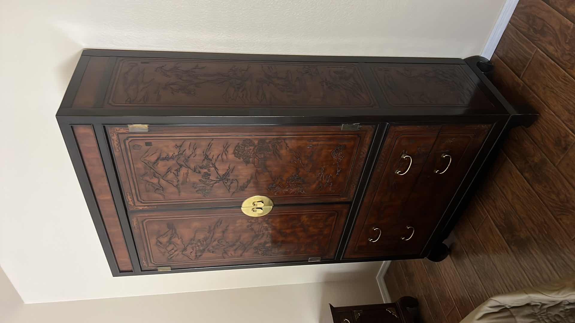 Photo 1 of VINTAGE HERITAGE MAHOGANY W BLACK CARVED DETAIL WARDROBE CABINET  44” x 18” H79”