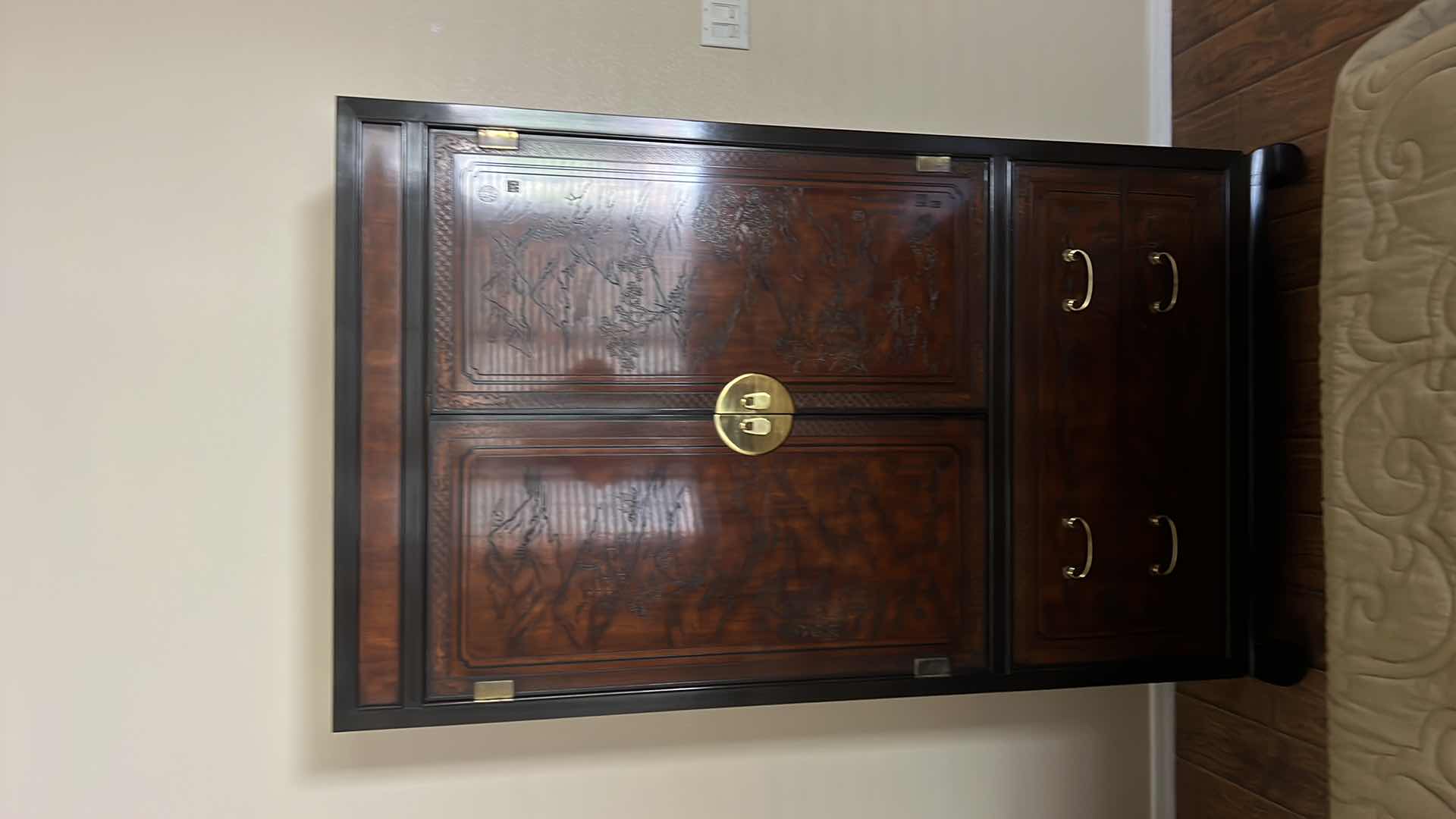 Photo 1 of VINTAGE HERITAGE MAHOGANY W BLACK CARVED DETAIL WARDROBE CABINET  44” x 18” H79”