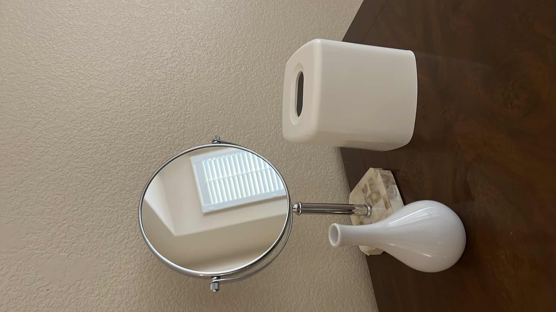 Photo 1 of MAKEUP MIRROR W MARBLE BASE, WHITE VASE & TISSUE HOLDER