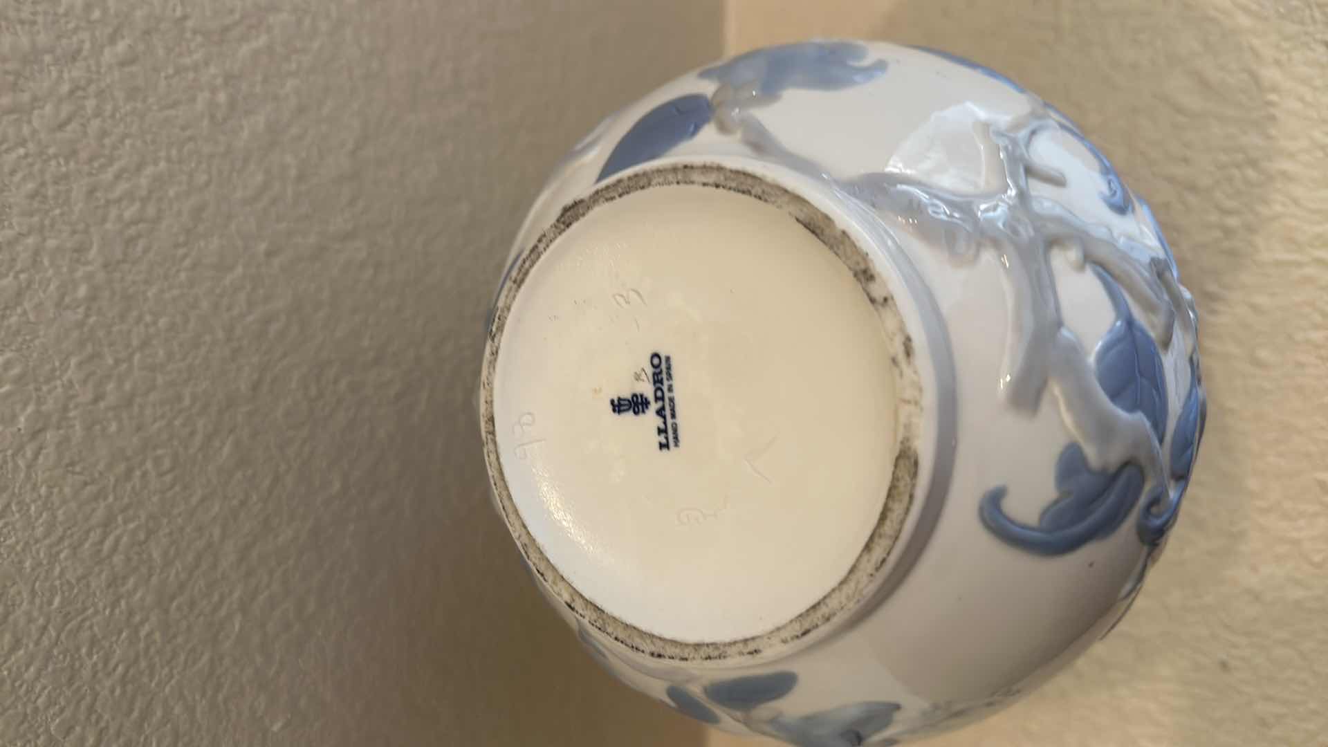 Photo 1 of BLUE FLORAL LLADRO VASE ON WOOD STAND-MADE IN SPAIN 