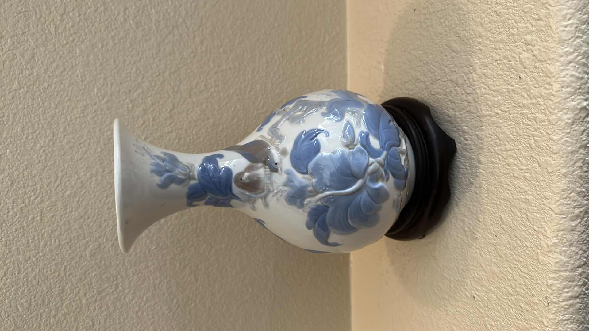 Photo 1 of BLUE FLORAL LLADRO VASE ON WOOD STAND-MADE IN SPAIN 