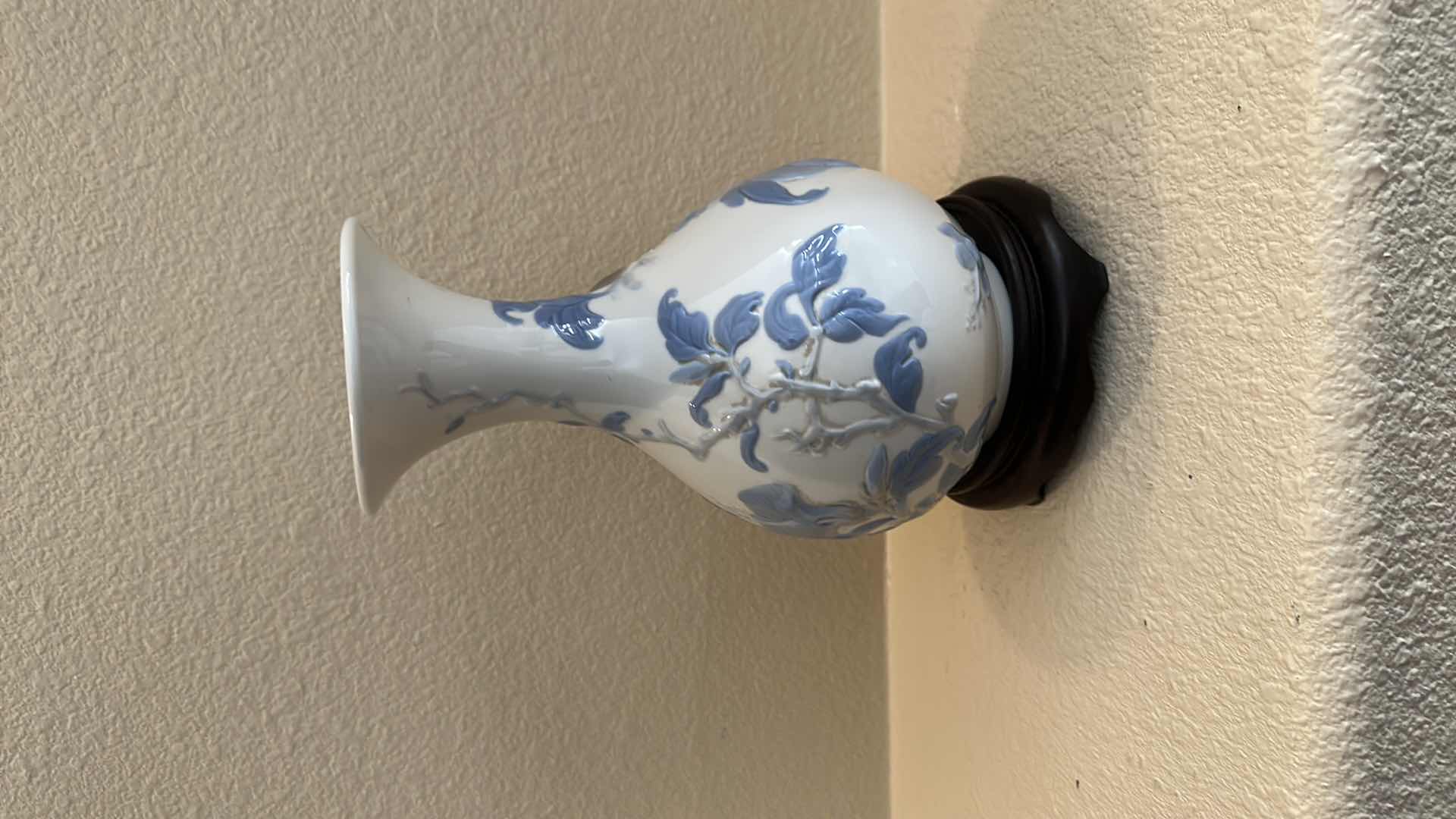 Photo 1 of BLUE FLORAL LLADRO VASE ON WOOD STAND-MADE IN SPAIN 