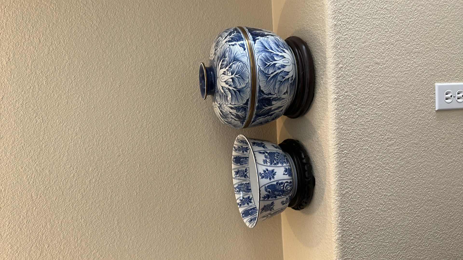 Photo 1 of 2- VINTAGE BLUE & WHITE PORCELAIN LIDDED JAR & BOWL 