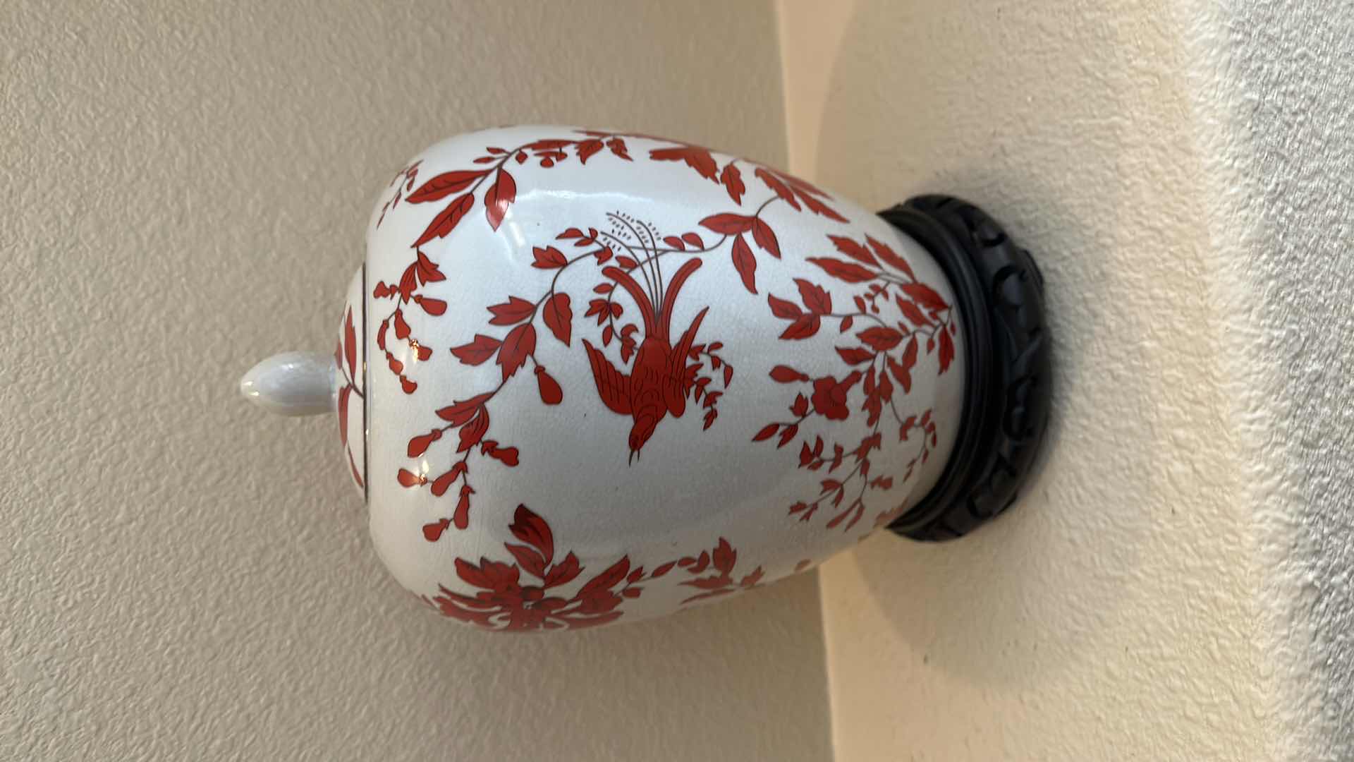 Photo 1 of PORCELAIN JAR W LID ON WOOD VASE