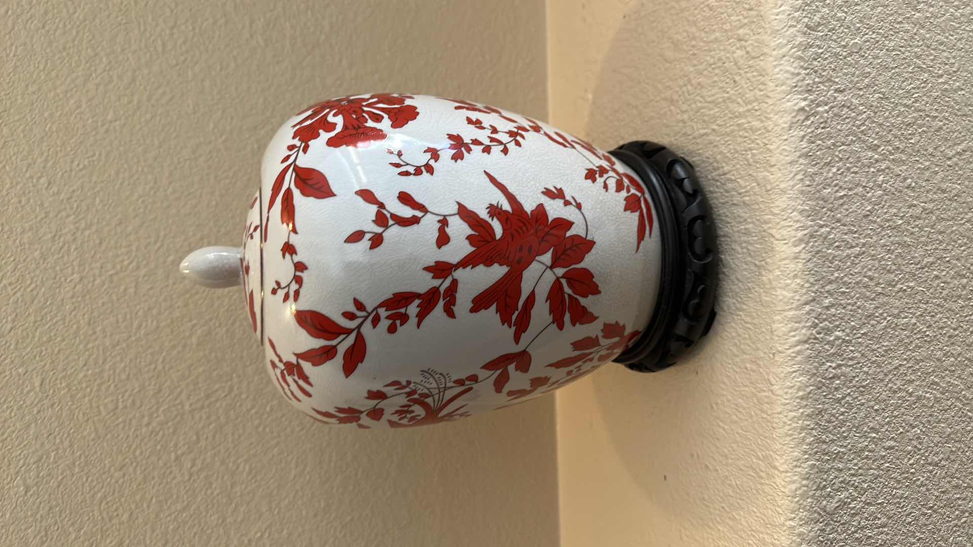 Photo 1 of PORCELAIN JAR W LID ON WOOD VASE