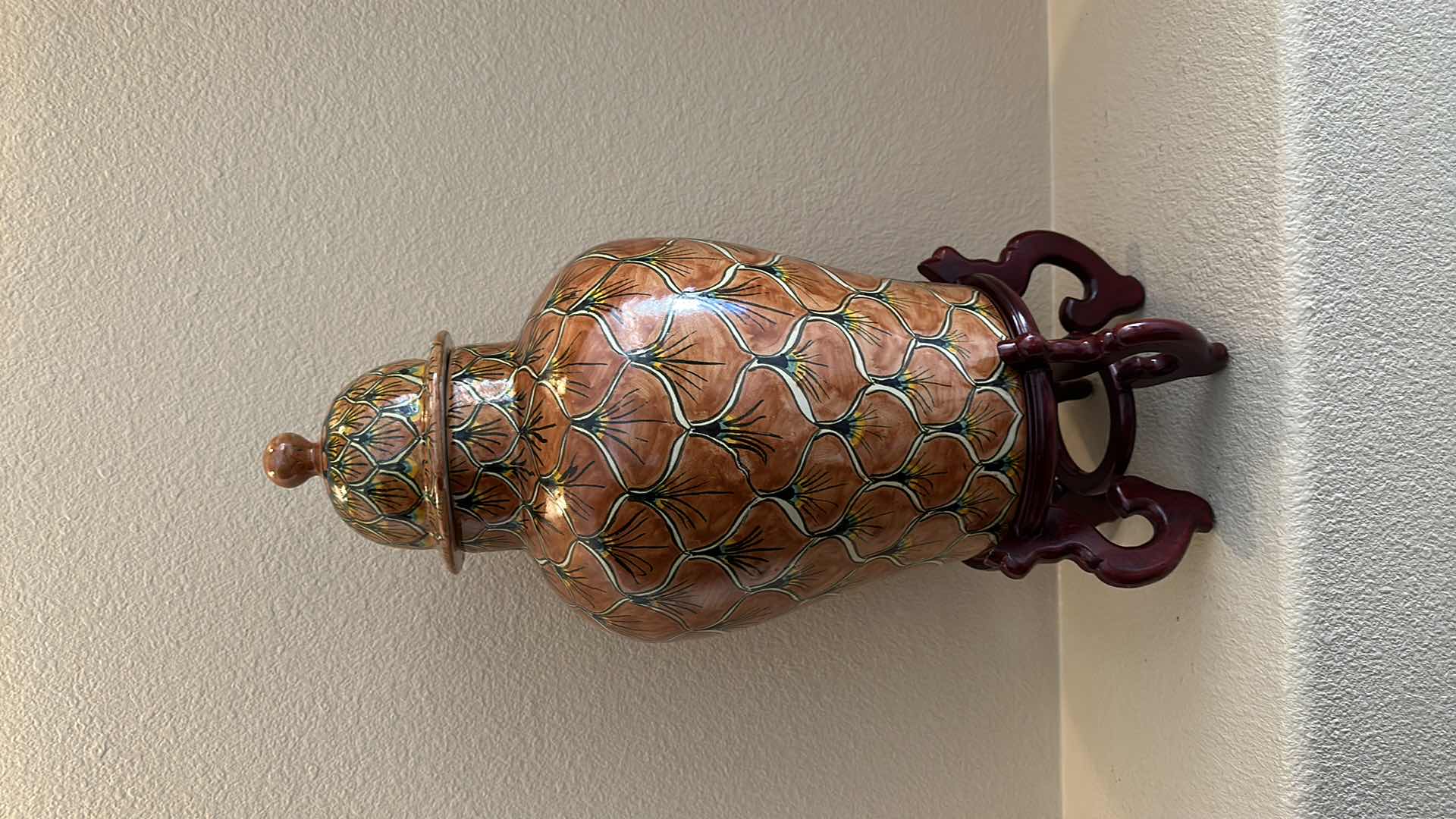 Photo 1 of ORIENTAL PORCELAIN TEMPLE JAR ON WOOD STAND